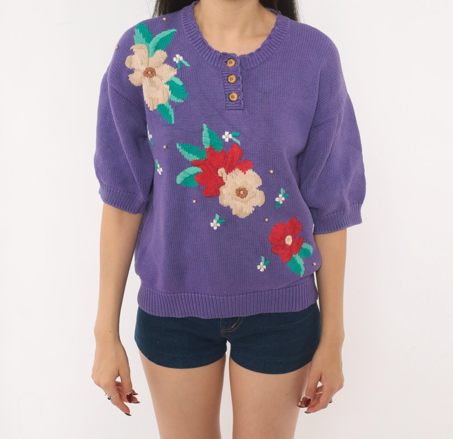80s Koret Francisca Purple Floral Embroidered Henley Sweater Cotton Medium M