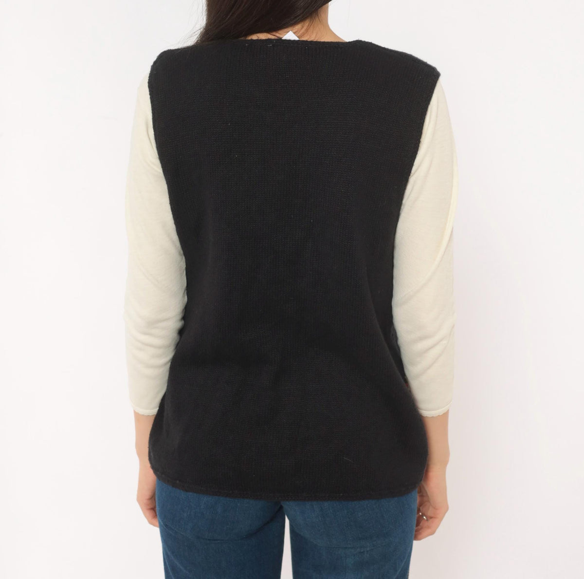 90s Black Knit Vest Autumn Leaves Appliqué Button Front Patchwork Medium M