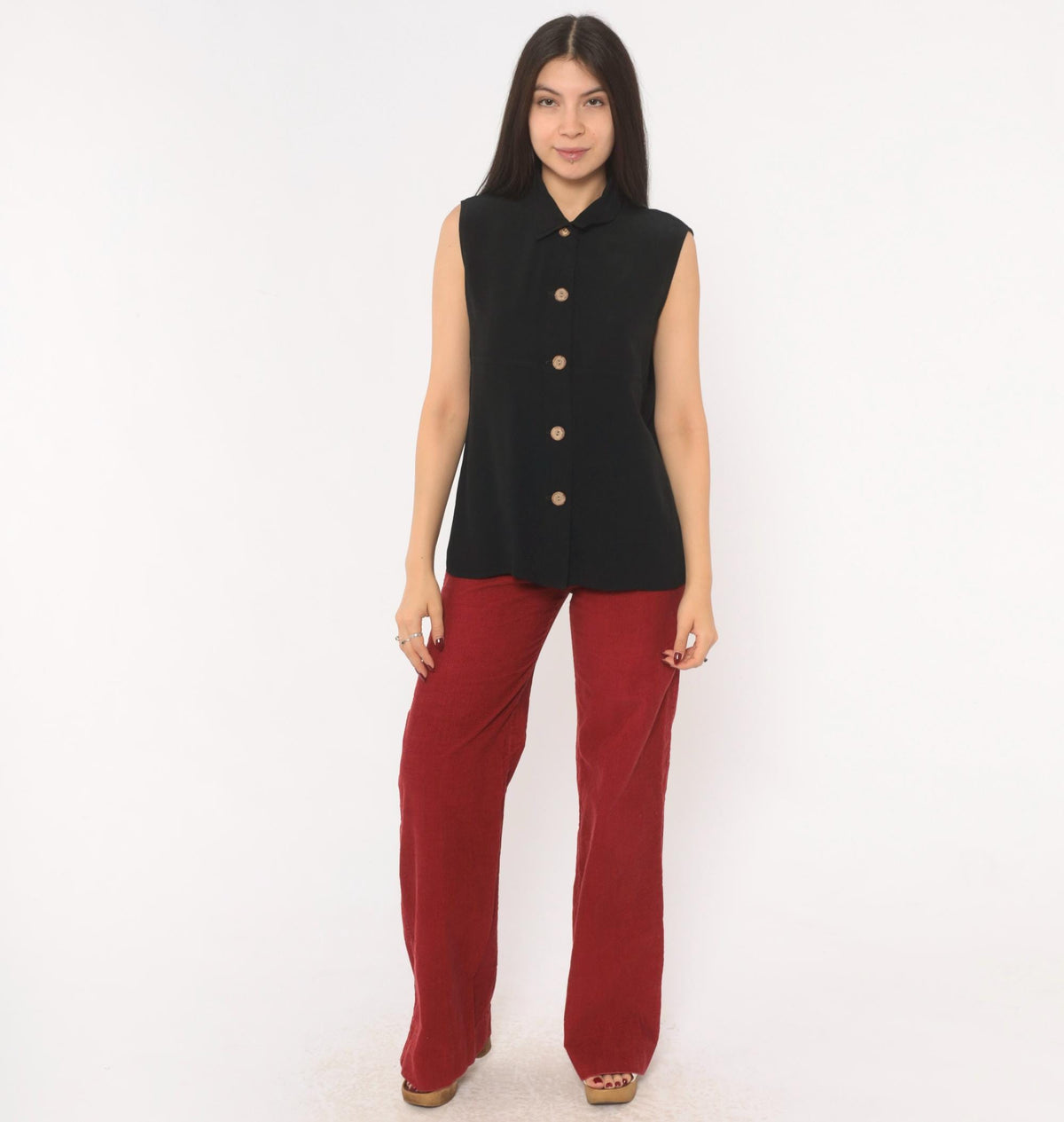90s First Option Black Sleeveless Button Blouse Pointed Collar Medium M