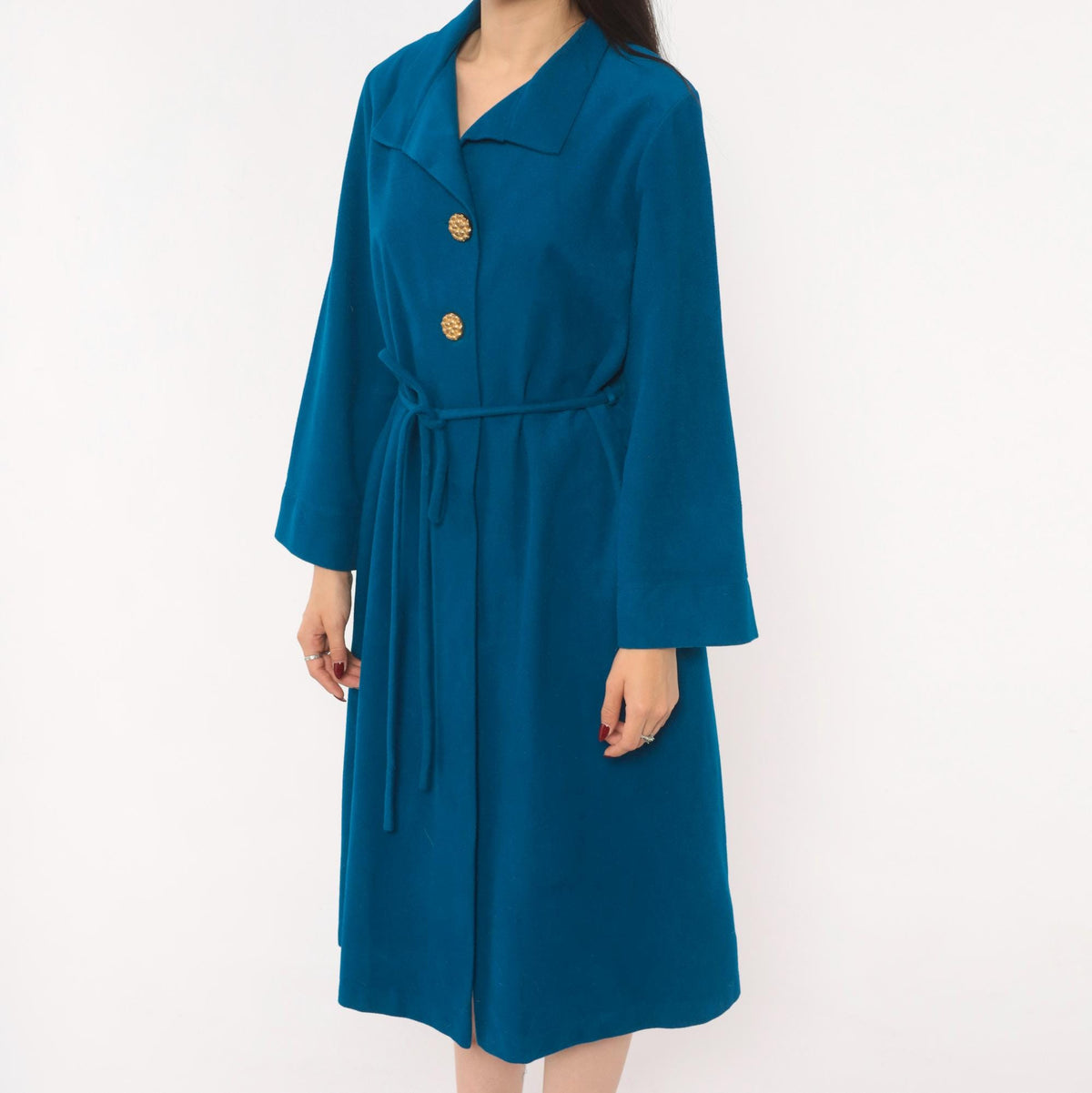 70s Vassarette Cobalt Belted Wrap Coat Knee Length Gold Buttons Medium