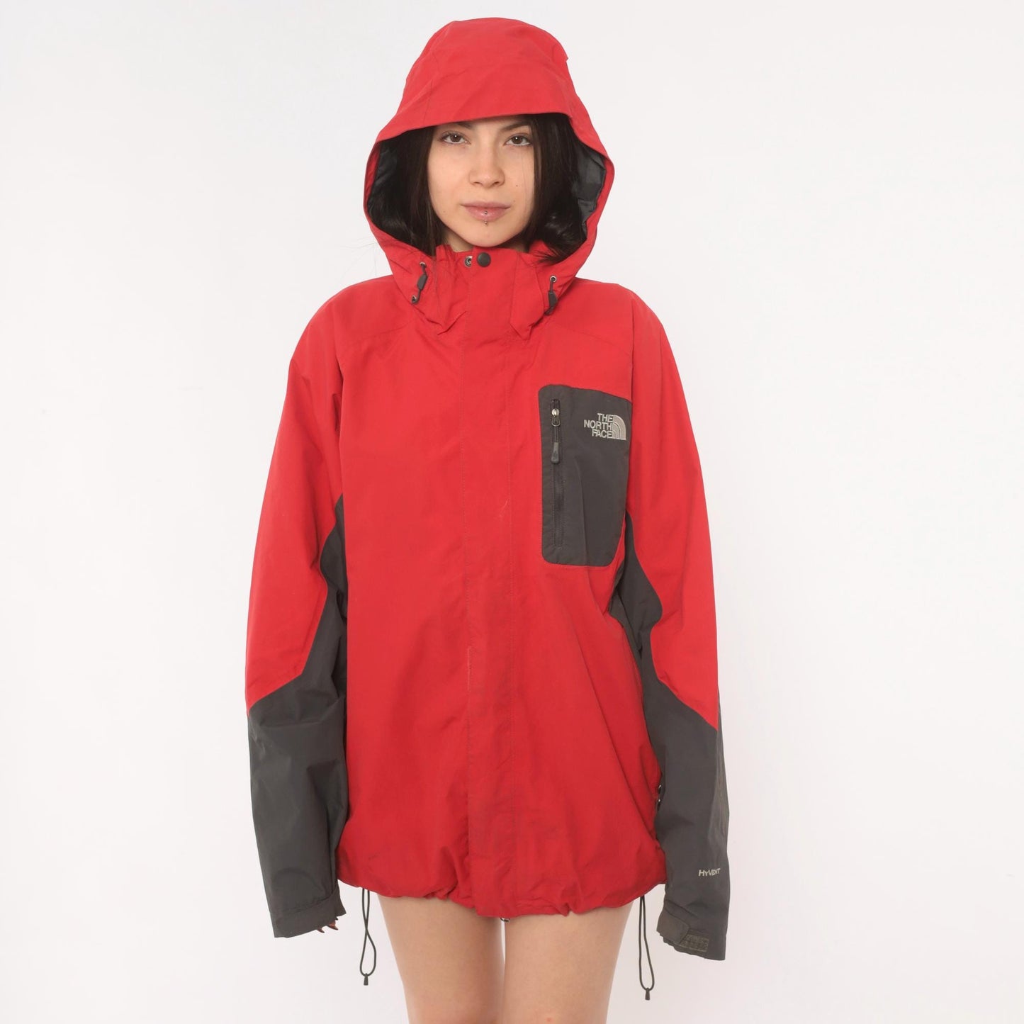 2000s The North Face Red Black HyVent Hooded Windbreaker Large L