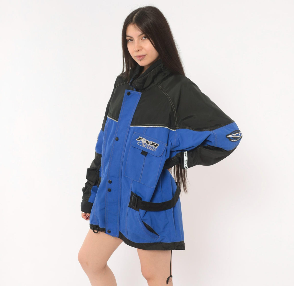 90s FXR X-Tech Snowmobile Jacket Blue Black Color Block Nylon Shell Extra Large XL
