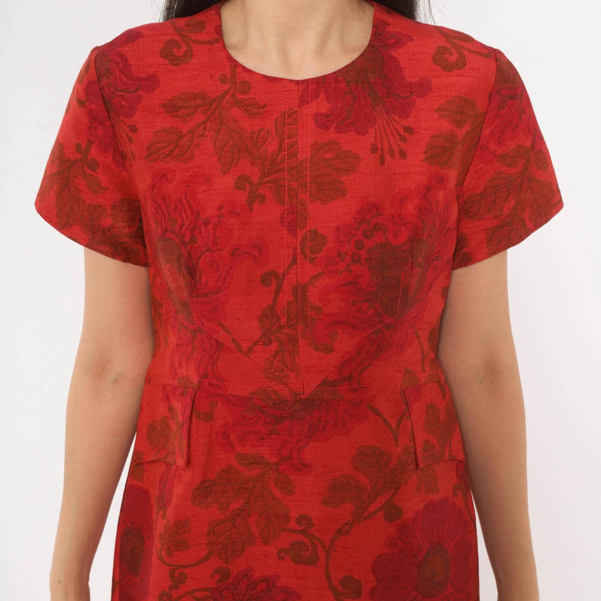 60s Lisa Carlton Red Silk Jacquard Floral A-Line Dress Knee Length Small S