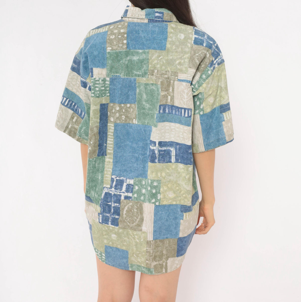 90s Marc Daniels Patchwork Print Button Shirt Cotton Geometric Blue Sage Medium