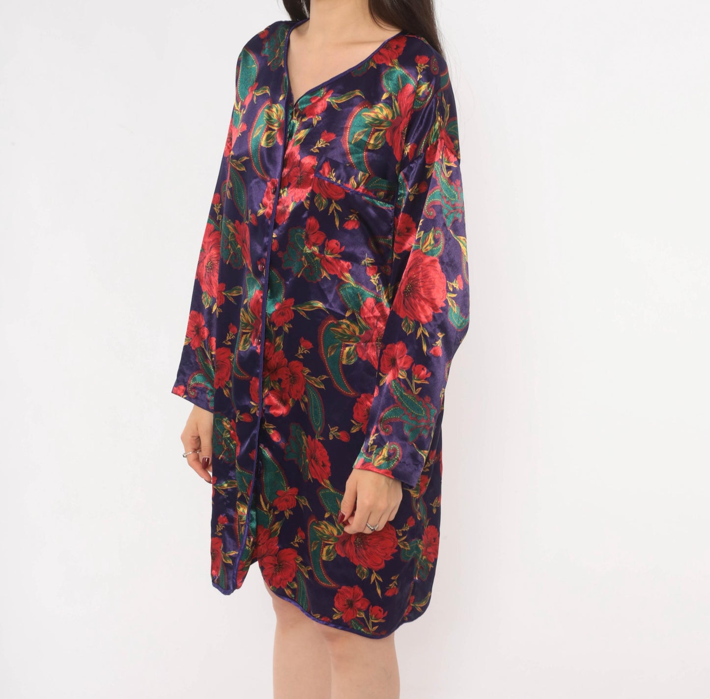 90s Satin and Beaux Floral Paisley Nightshirt Purple Red Teal Knee-Length Small
