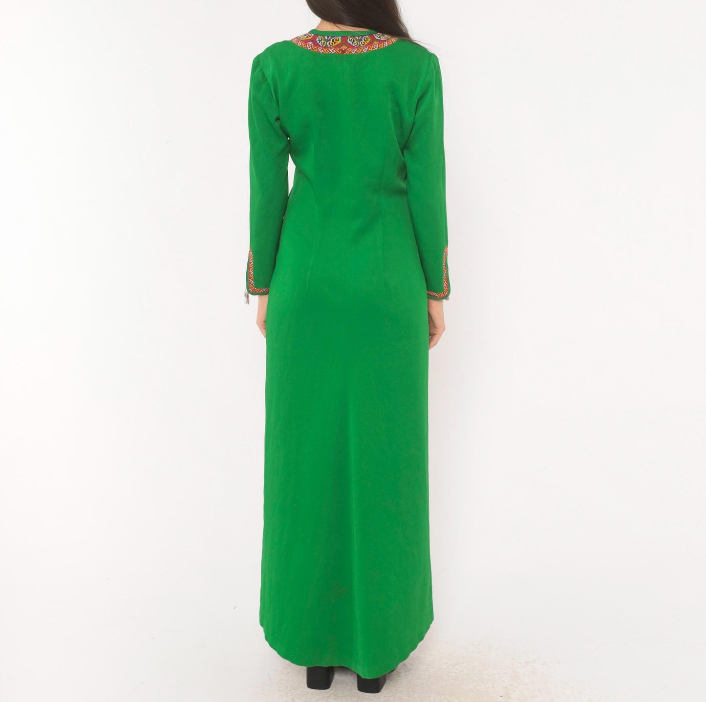 70s Emerald Green Maxi Dress Embroidered Neckline Long Sleeve Kaftan Extra Small XS