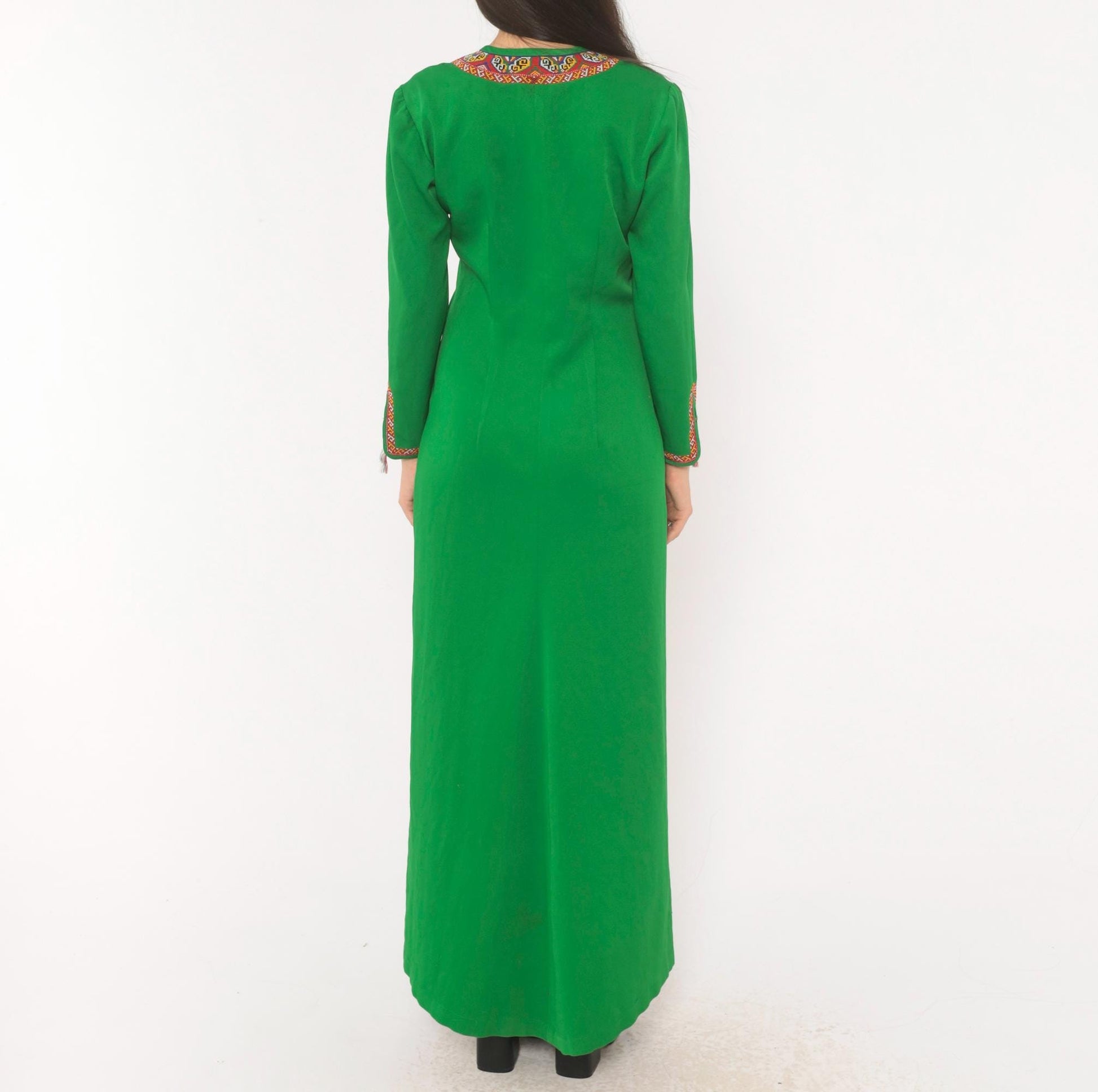 70s Emerald Green Maxi Dress Embroidered Neckline Long Sleeve Kaftan Extra Small XS