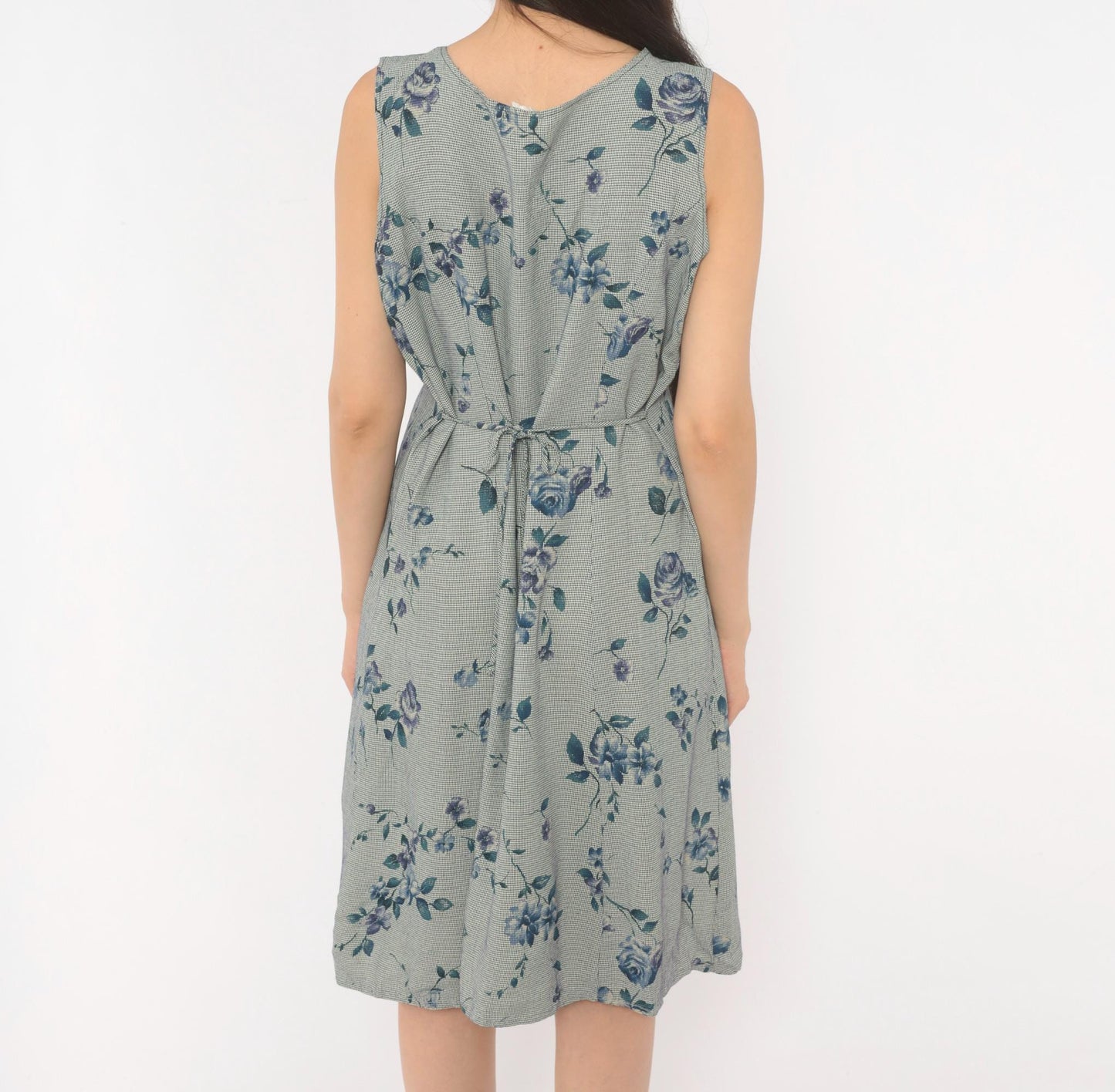 90s Floral Gingham Sundress Blue Rose Print Knee Length A-Line Medium M
