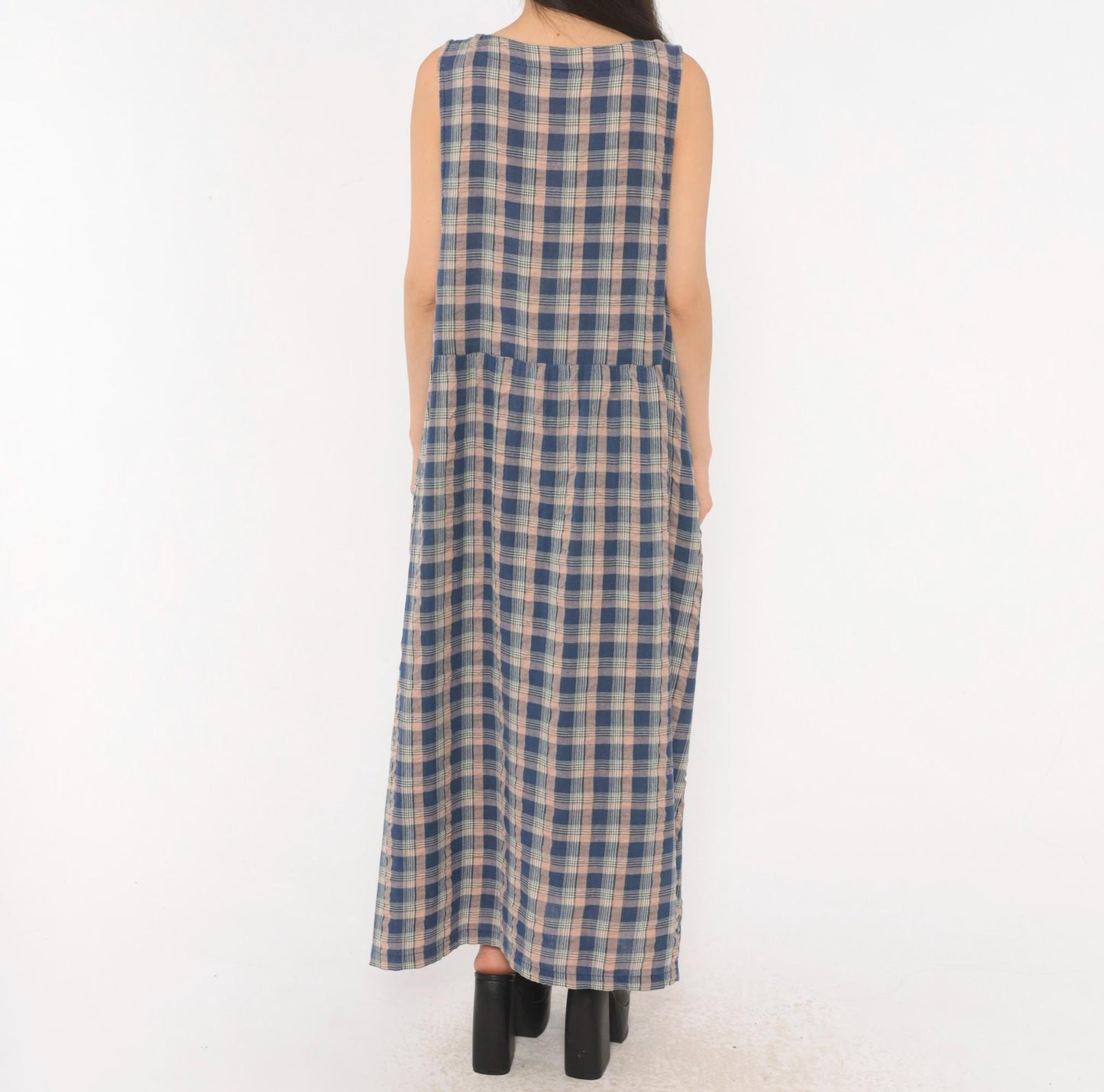 90s Lauren Brooke Plus Plaid Maxi Dress Button Front Cotton Blue Pink 1X