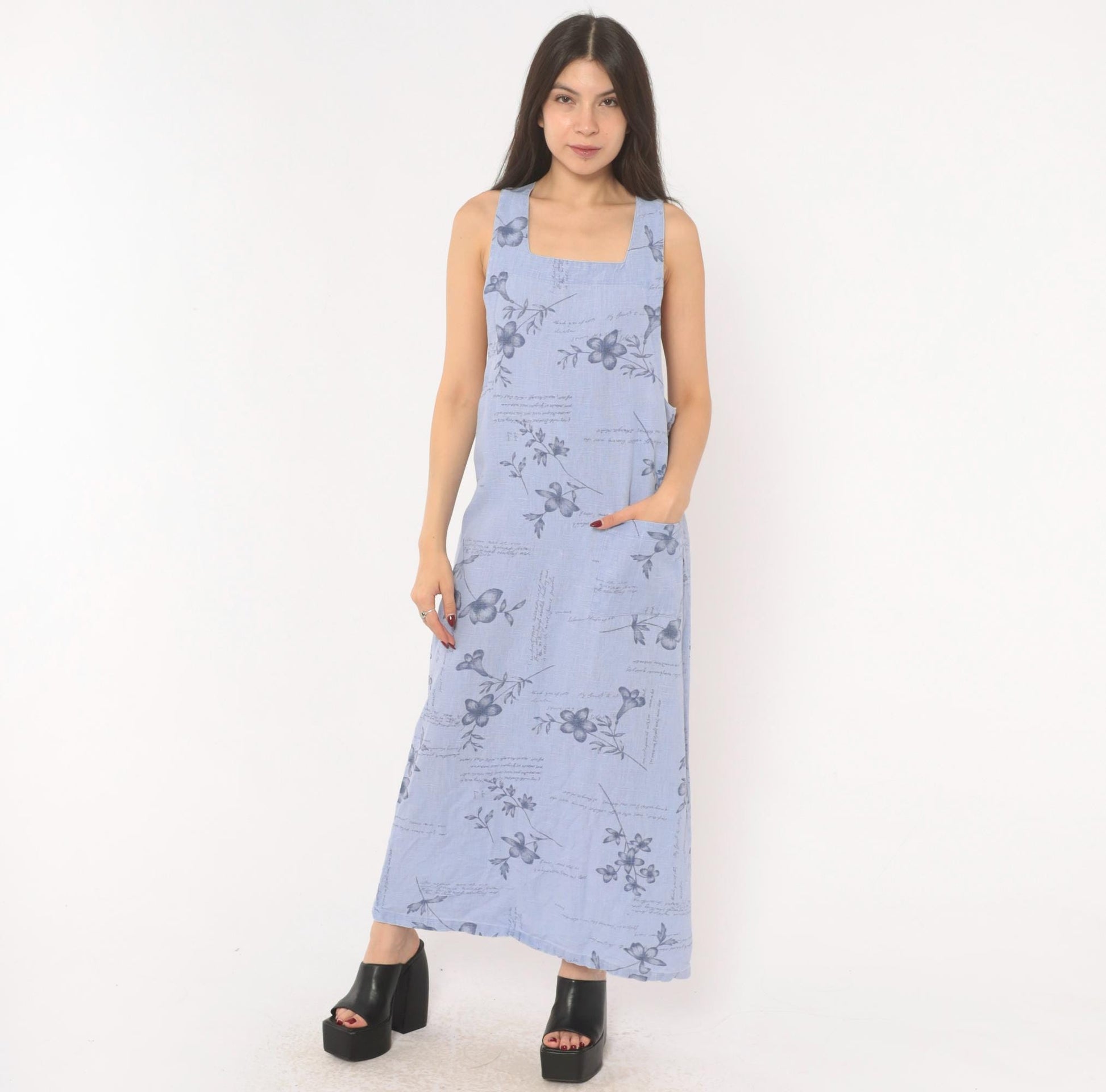 2000s Sweet Jessie Periwinkle Linen Maxi Dress Botanical Print Square Neck Medium M