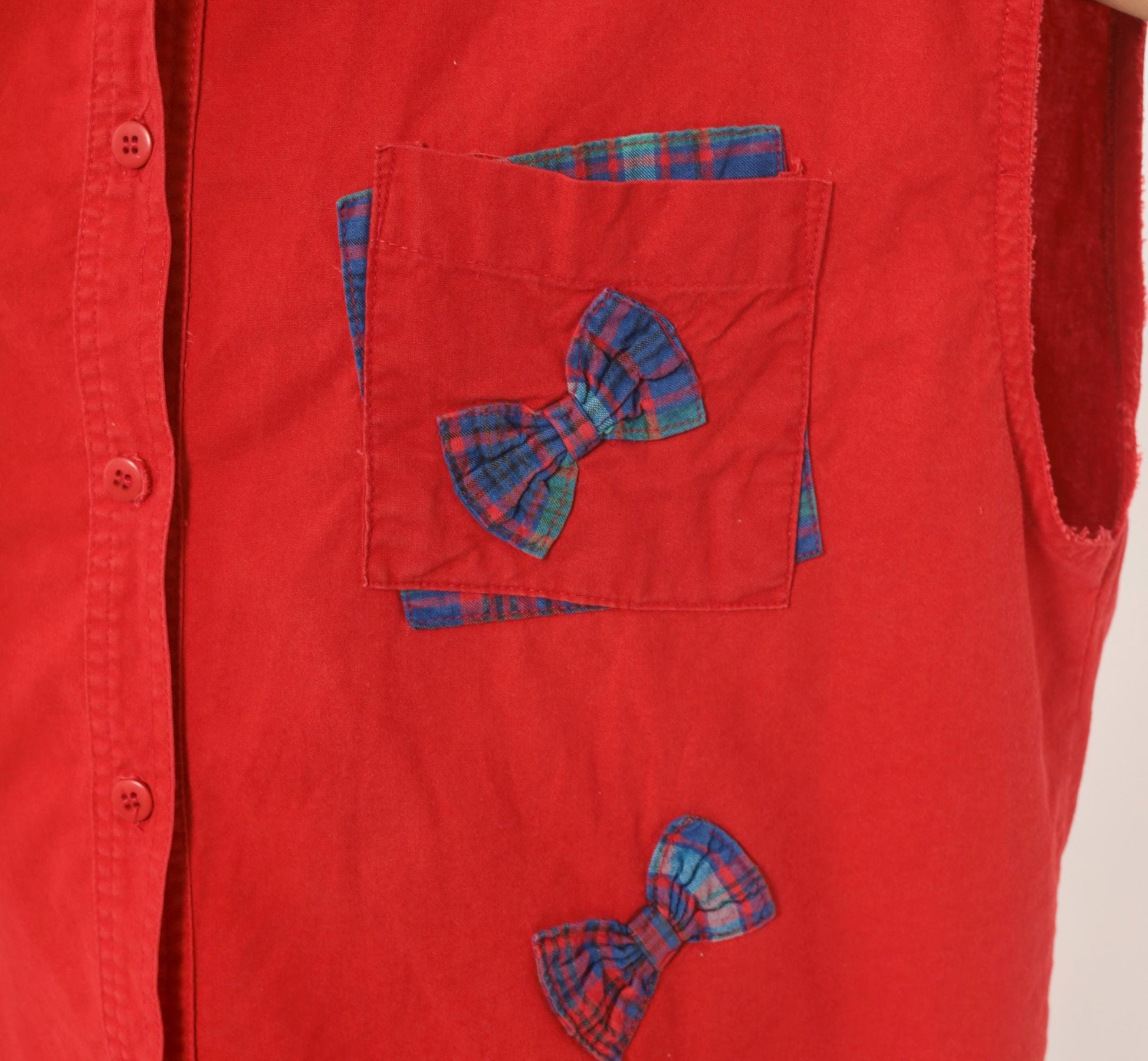 90s Cricket by the Creek Red Plaid Bow Applique Sleeveless Blouse Large L
