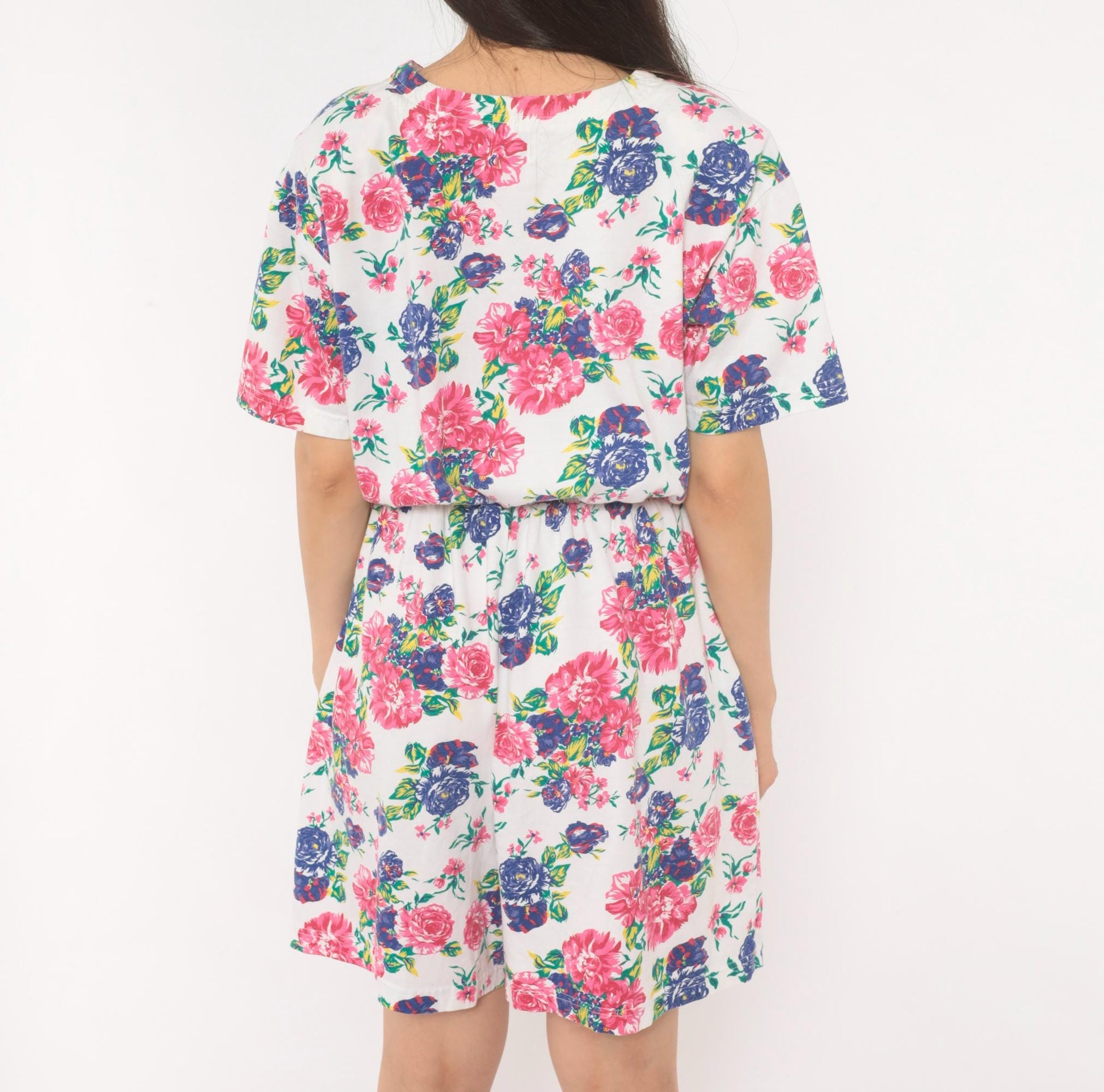 90s Jason Maxwell Floral Romper White Pink Rose Print Cotton Playsuit Medium