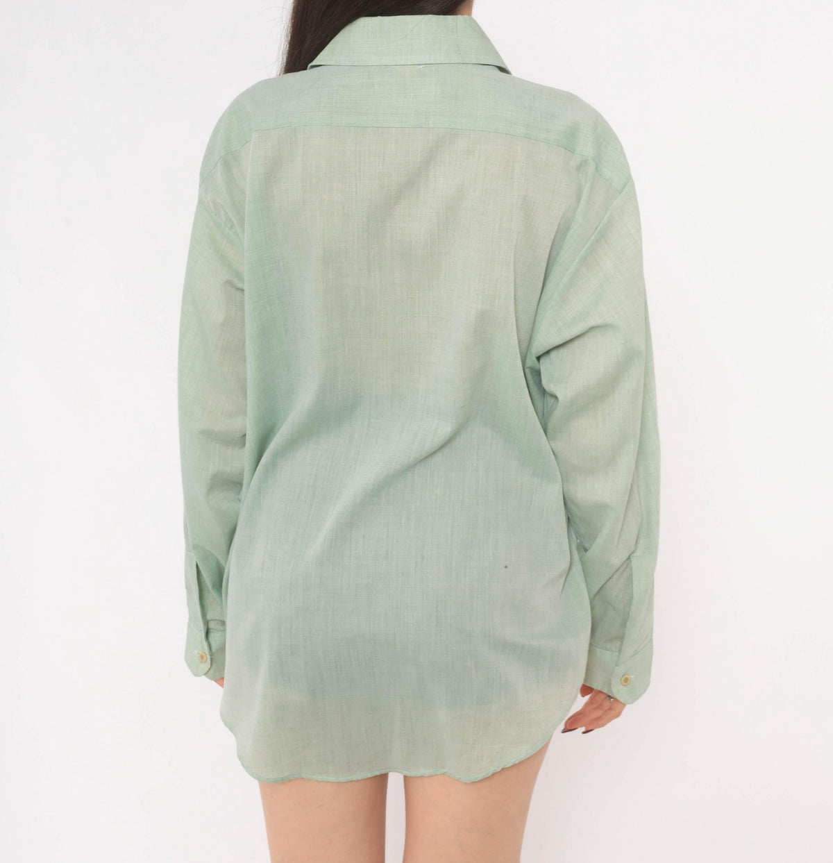 70s Sage Green Button-Up Shirt Camp Collar Semi-Sheer Cotton Long Sleeve XXL