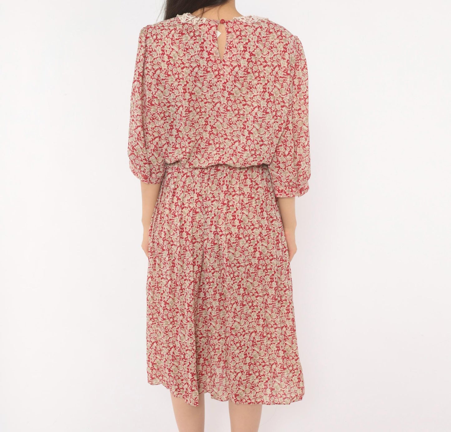 90s Breli Originals Floral Midi Dress Red Cream Lace Collar Puff Sleeve Medium Large