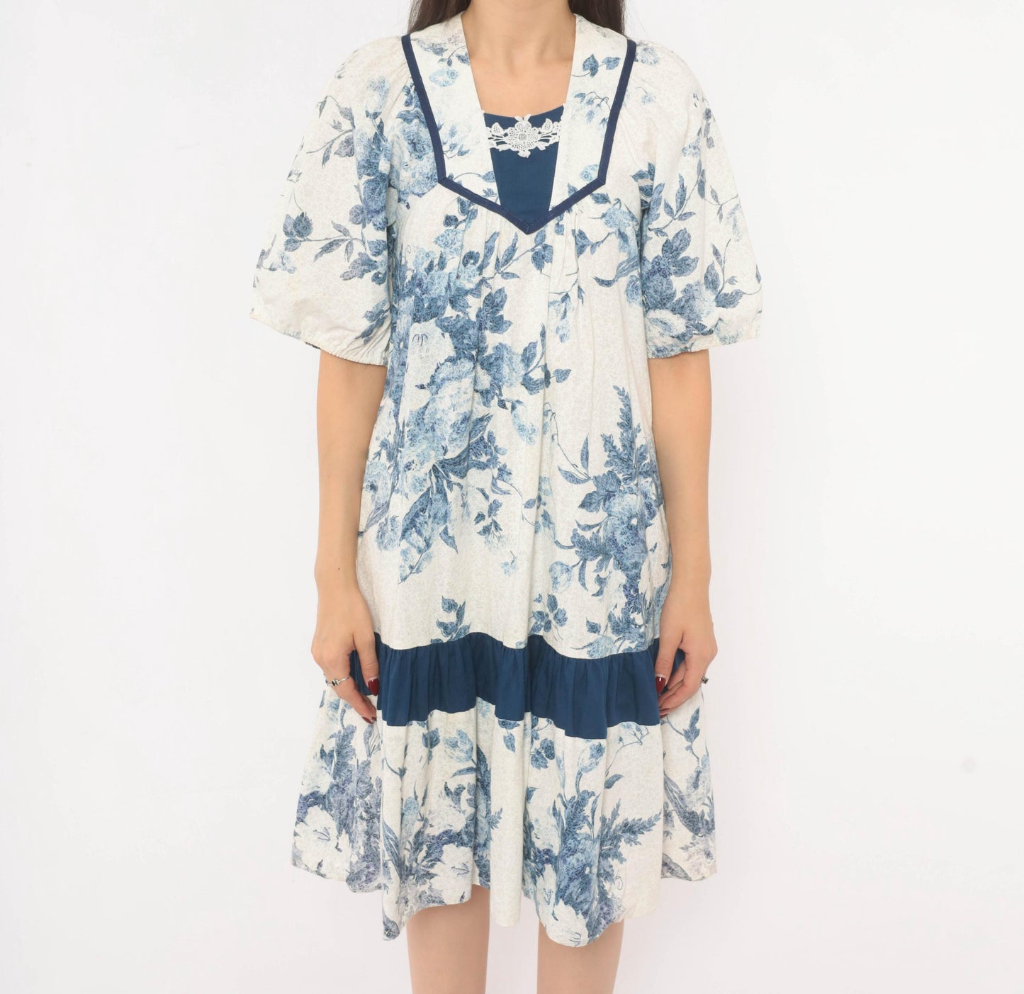 80s Liberty House Blue Floral Toile Cotton Dress V-Neck Puff Sleeve Extra Small XS