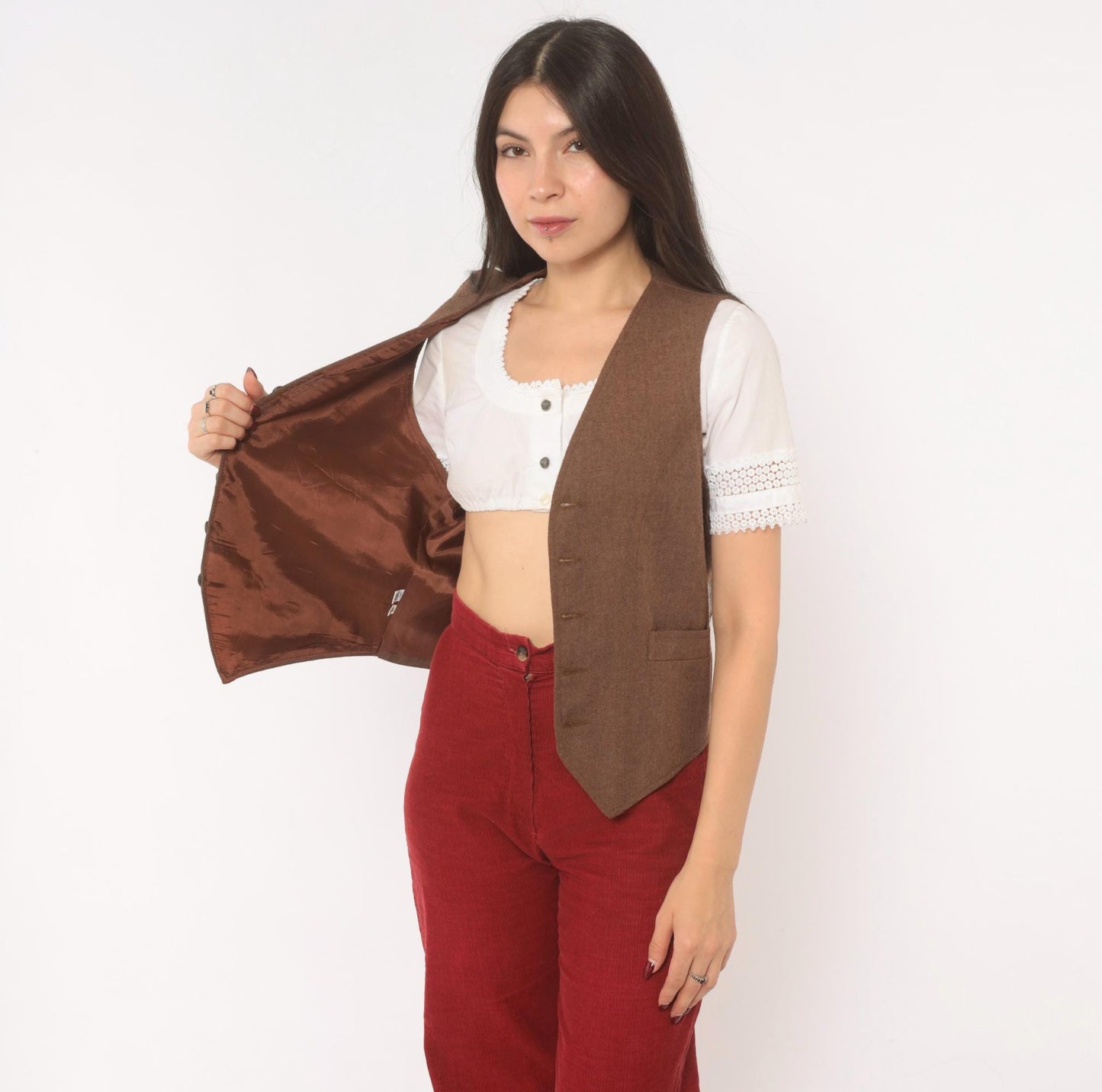70s Angels Flight Wool Herringbone Vest Brown V-Neck Button Front Small S