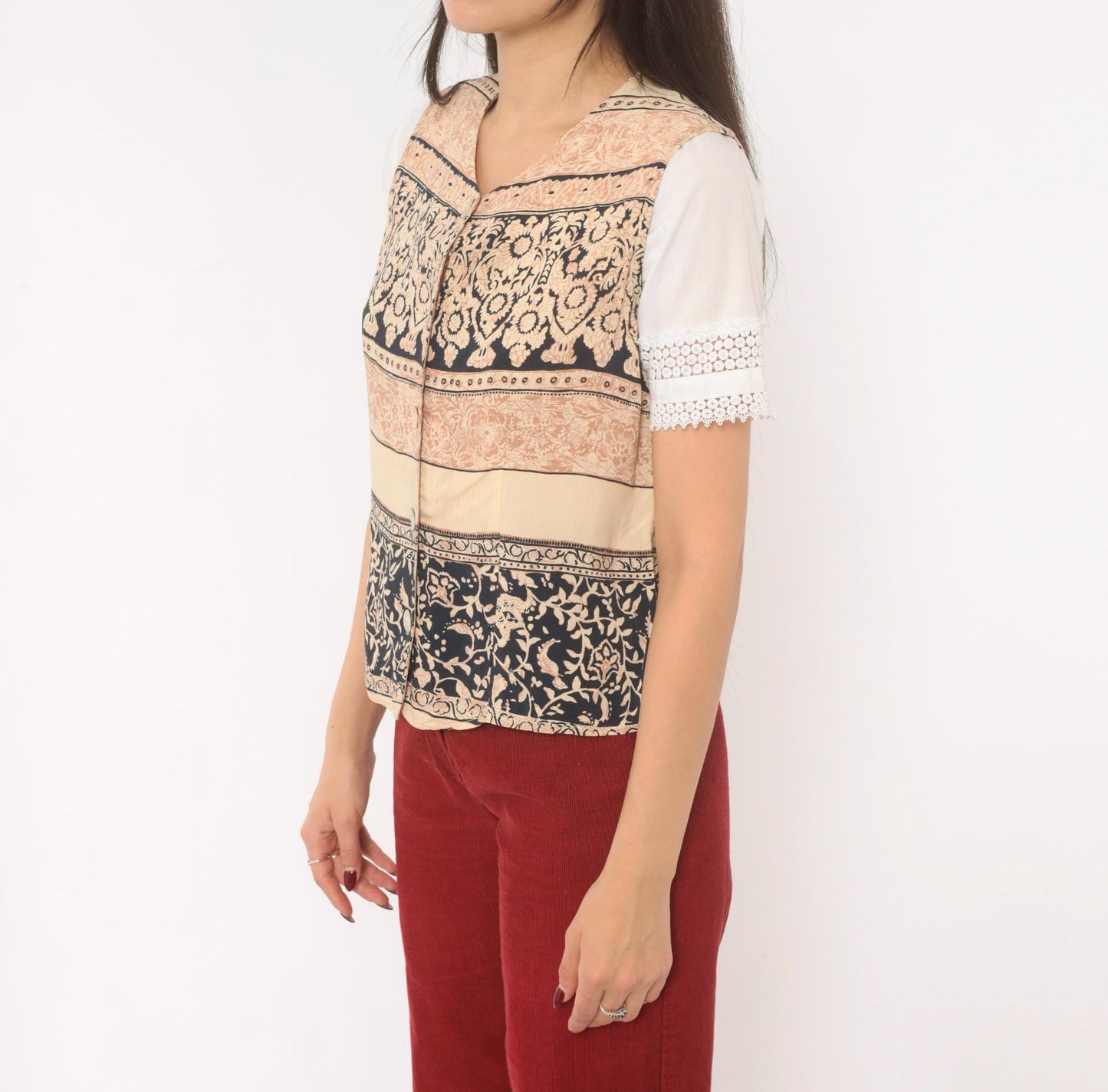 90s L'Amadei Block Print Vest Cream Navy Floral Damask Small S