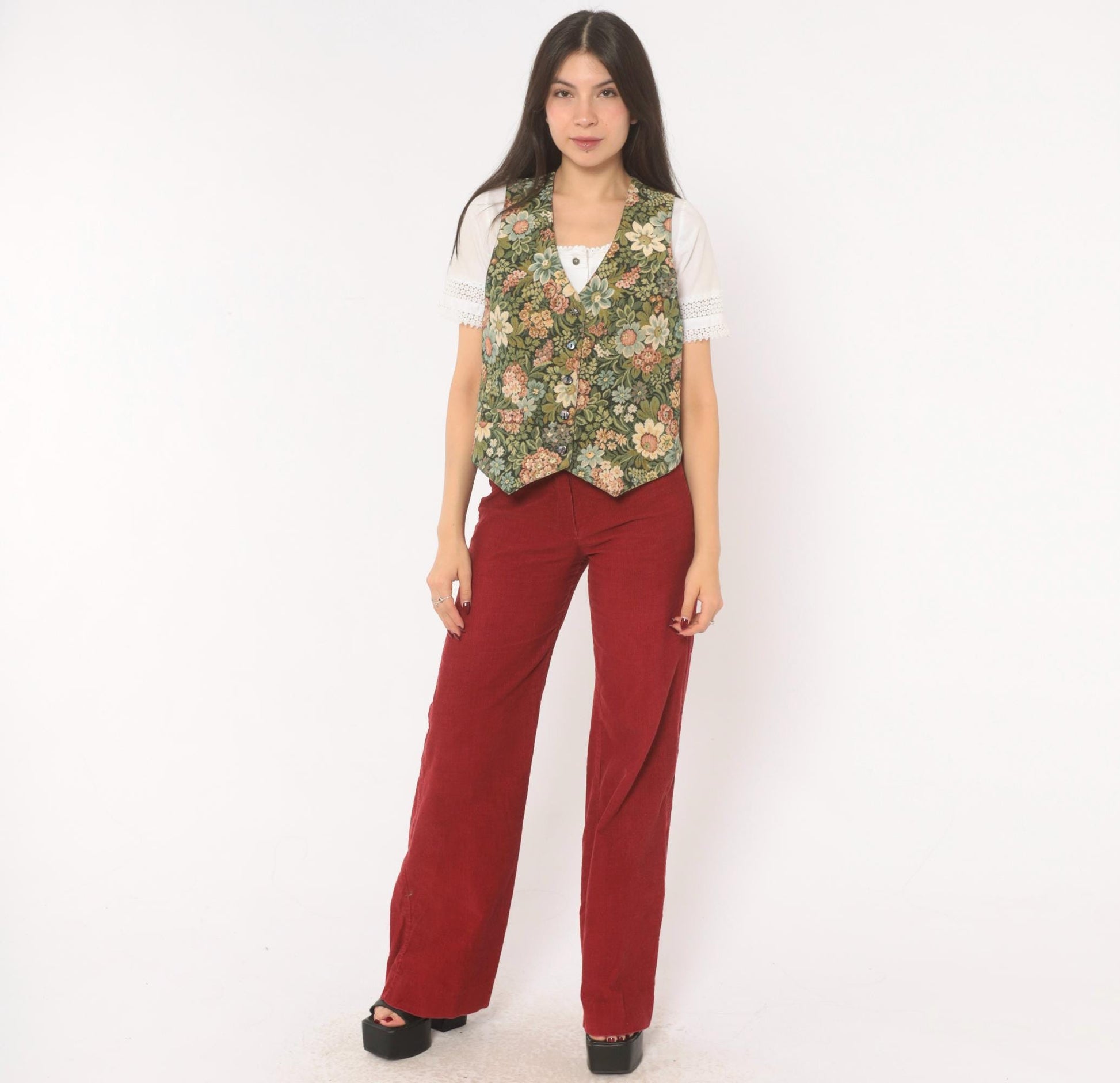 90s Di Di Scott Floral Tapestry Vest Button Front V Neck Olive Green Pink Small