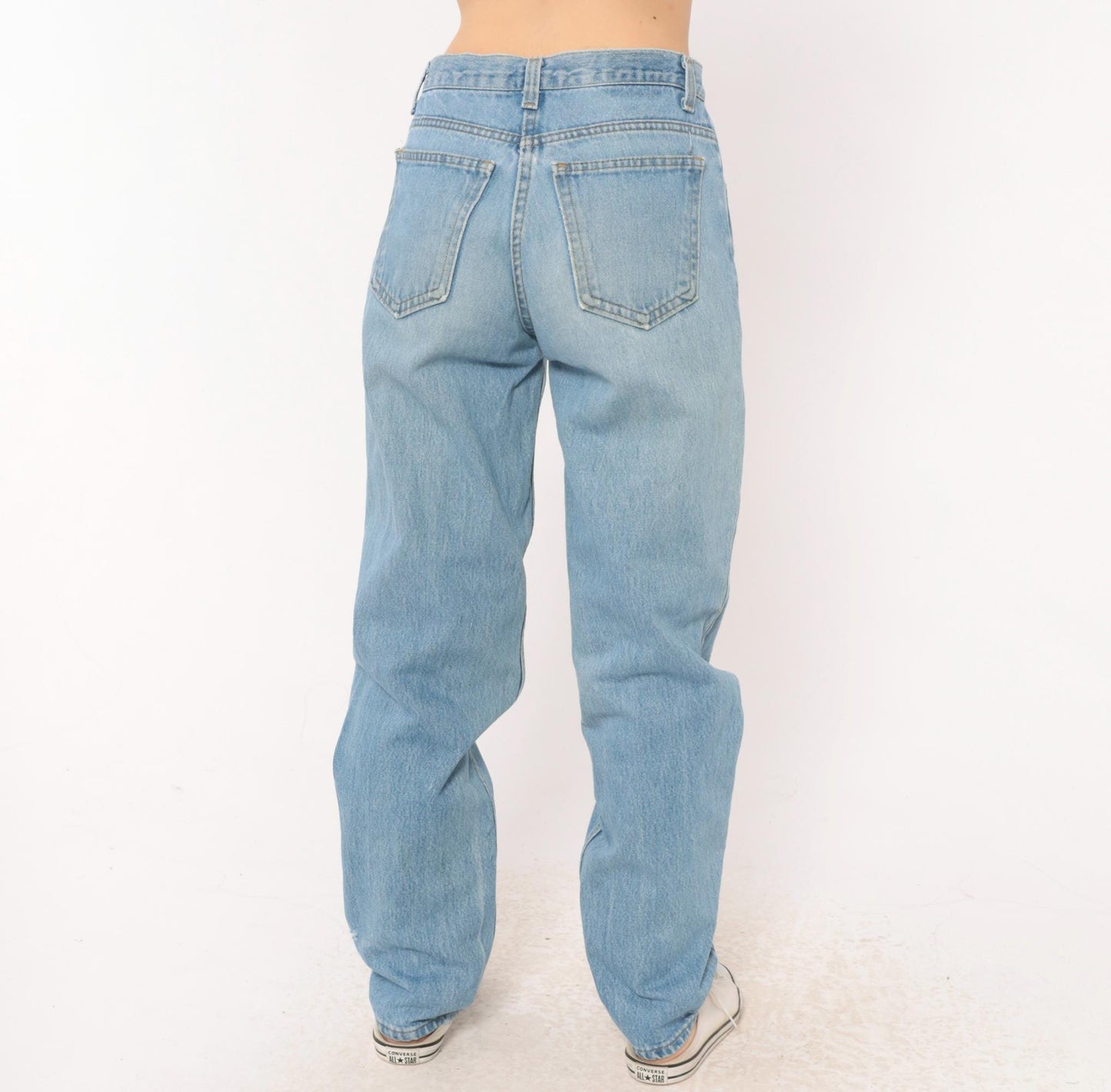 90s Light Wash Straight Leg High Rise Jeans Distressed Knee Rip Denim Small