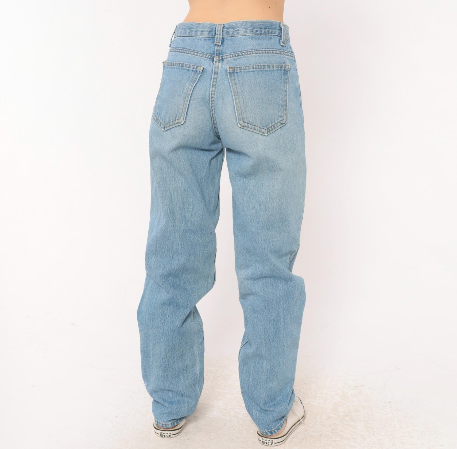 90s Light Wash Straight Leg High Rise Jeans Distressed Knee Rip Denim Small