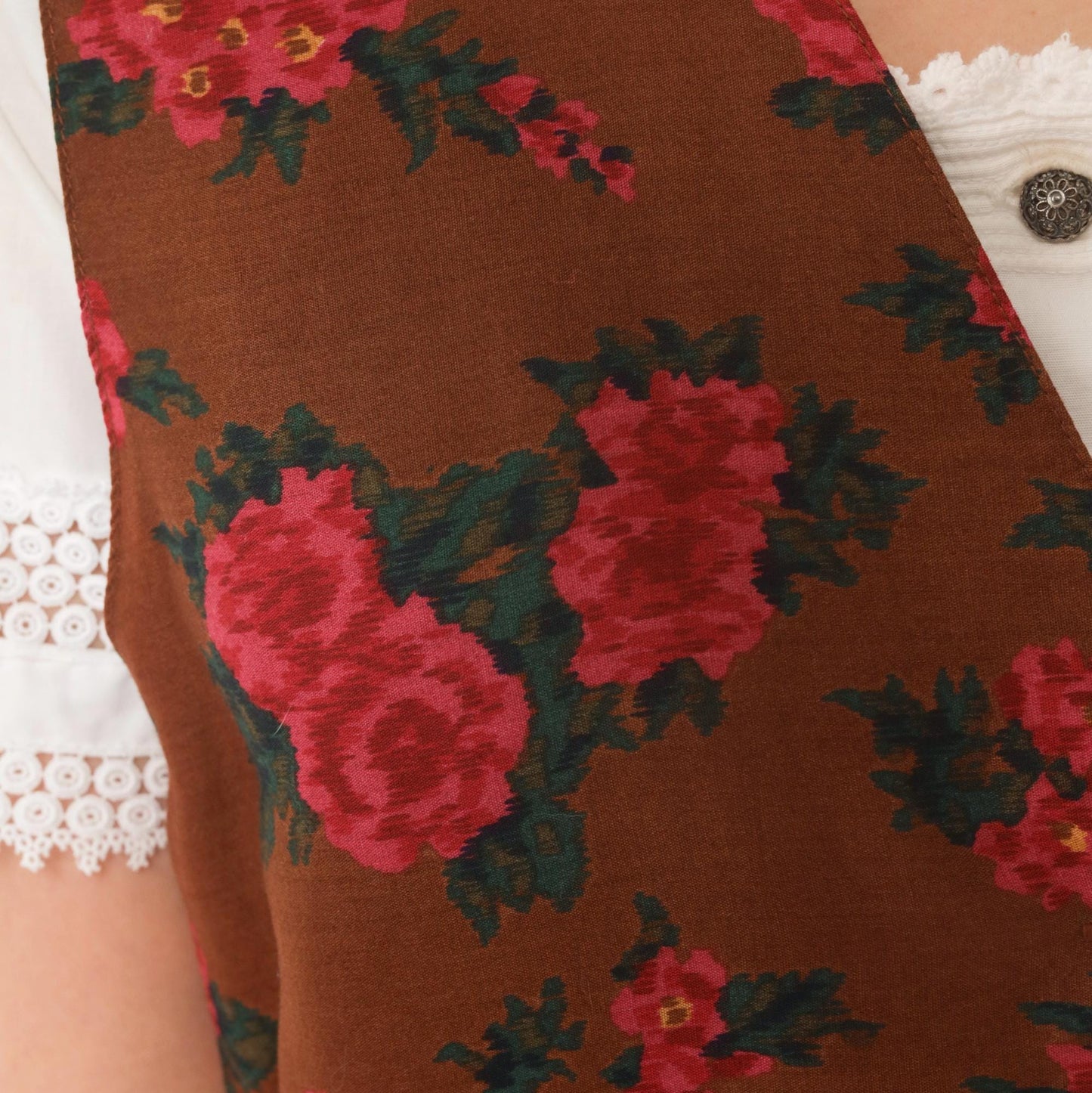 90s Karen Scott Floral Vest Brown Pink Rose Button Front Tie Back Small