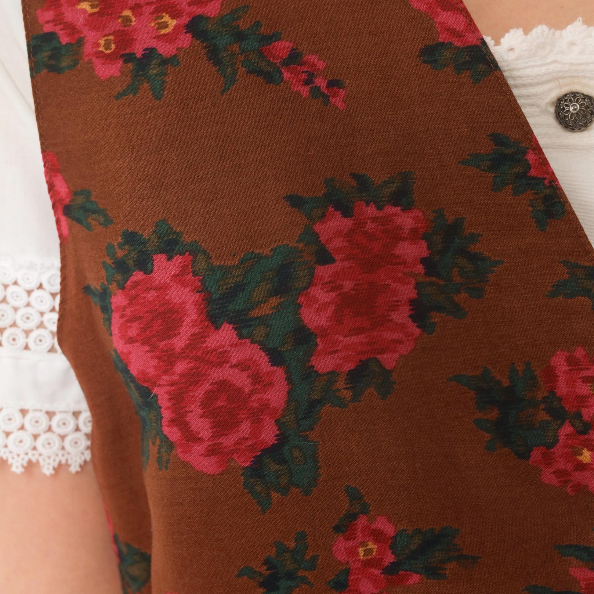 90s Karen Scott Floral Vest Brown Pink Rose Button Front Tie Back Small