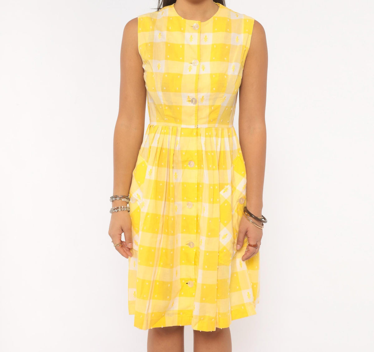 60s Yellow White Gingham Cotton Sundress Button Front Pleated Knee Length Extra Small
