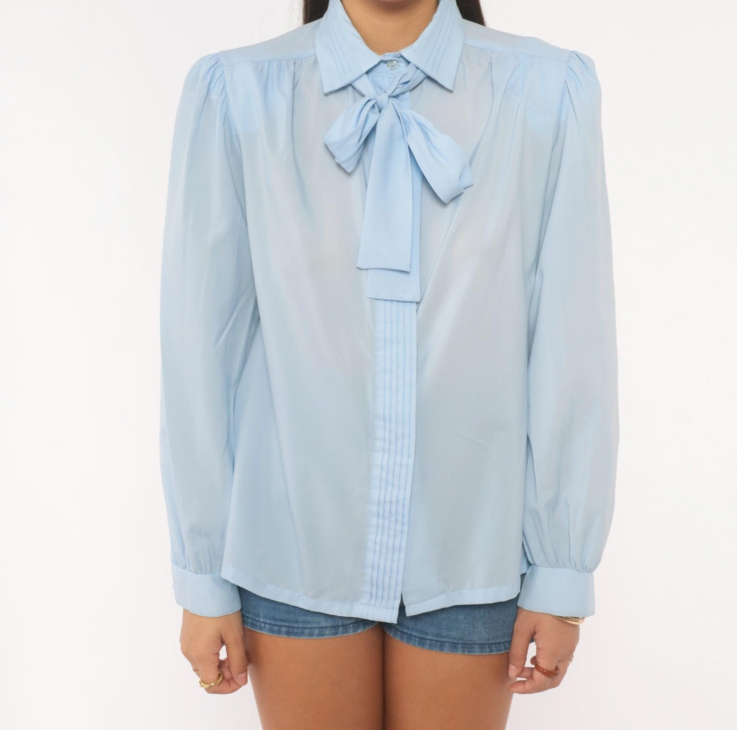 70s Judy Bond Sky Blue Pussy Bow Blouse Puff Sleeve Pintuck Medium