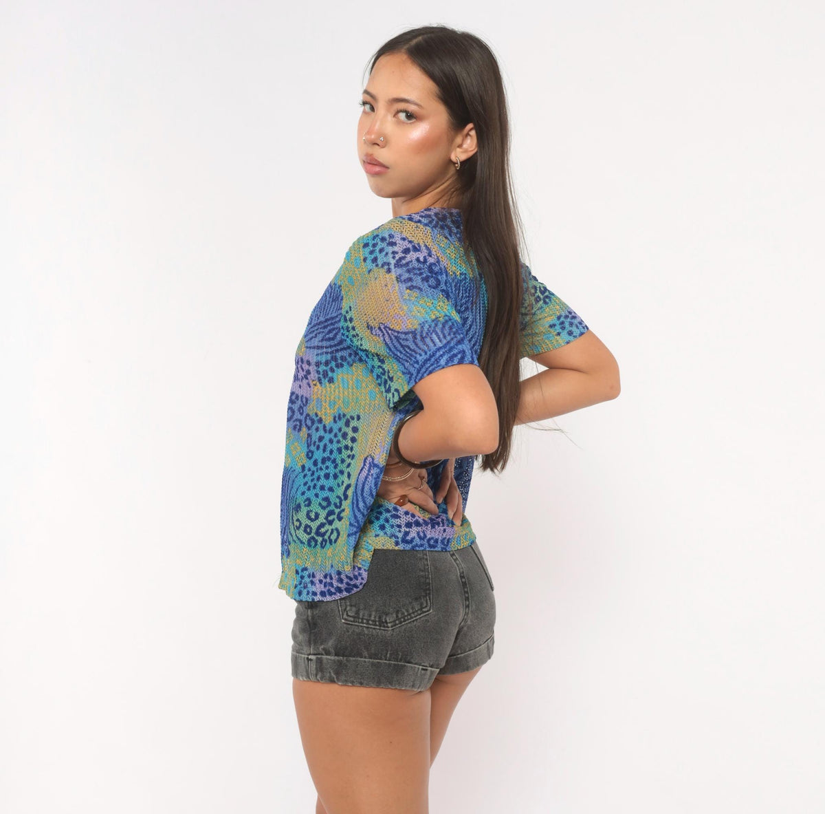 90s Miss Dorby Sheer Mesh Cardigan Tropical Leaf Leopard Print Teal Medium Large