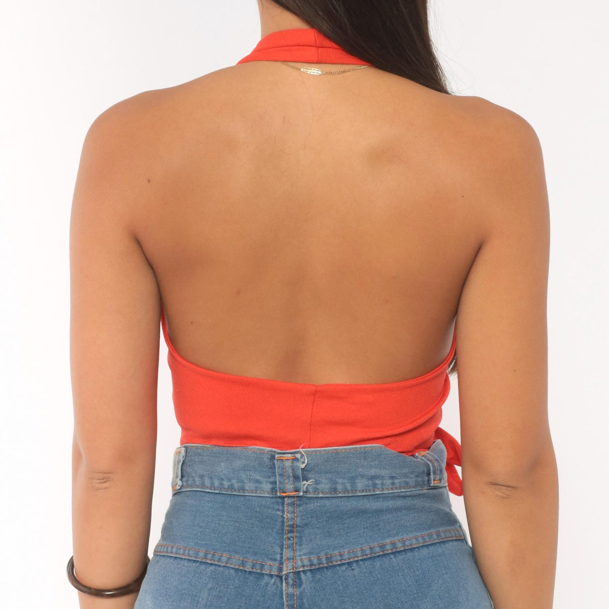 70s Crazy Horse Red Wrap Halter Crop Top Backless Surplice V-Neck Small