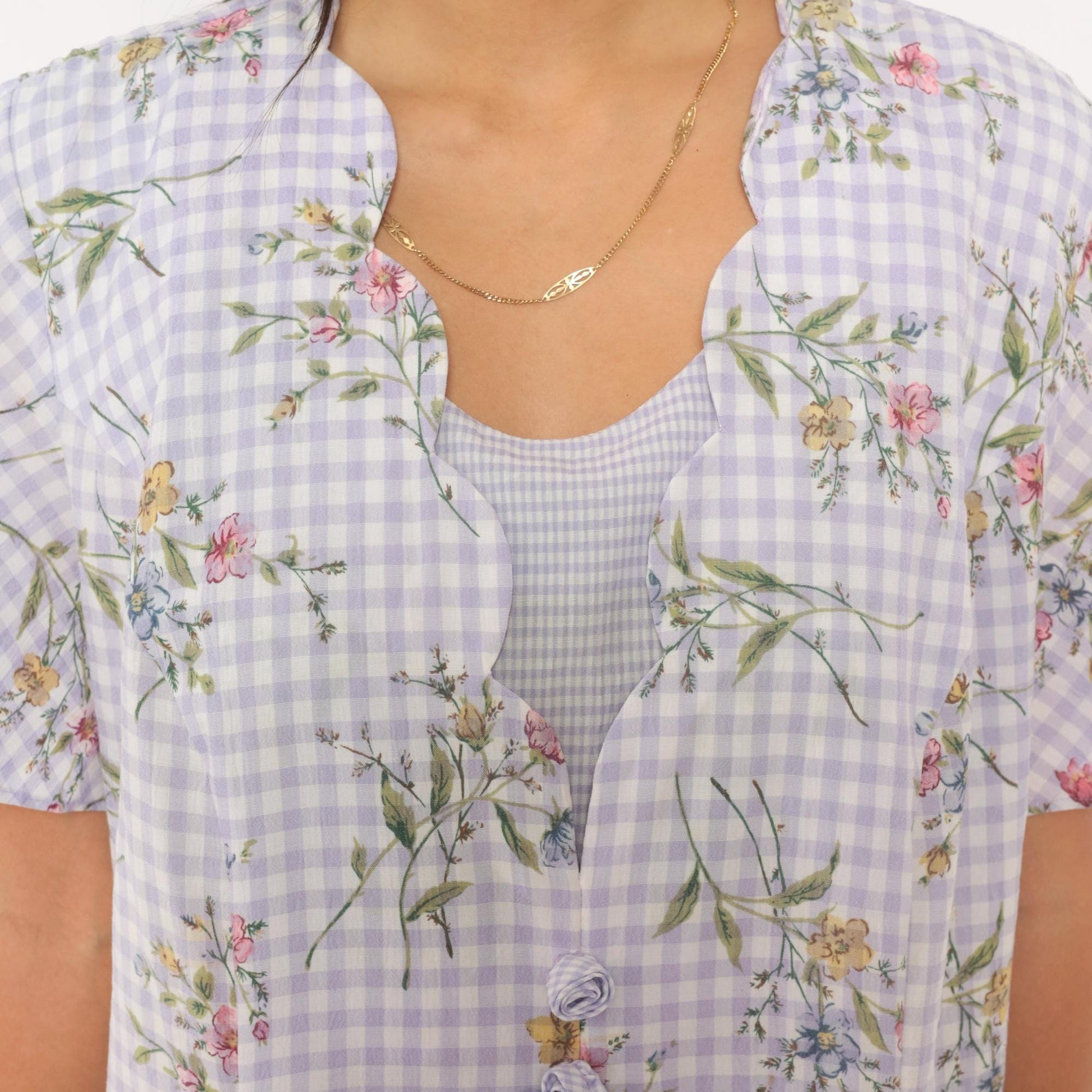 90s Sarah Richards Plus Lavender Gingham Floral Dress Flutter Sleeve A-Line Extra Large XXL