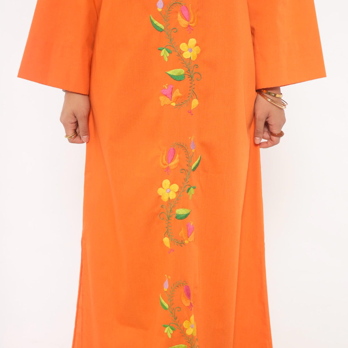 70s Orange Embroidered Maxi Dress Cotton Floral Bell Sleeve Boat Neck Medium M