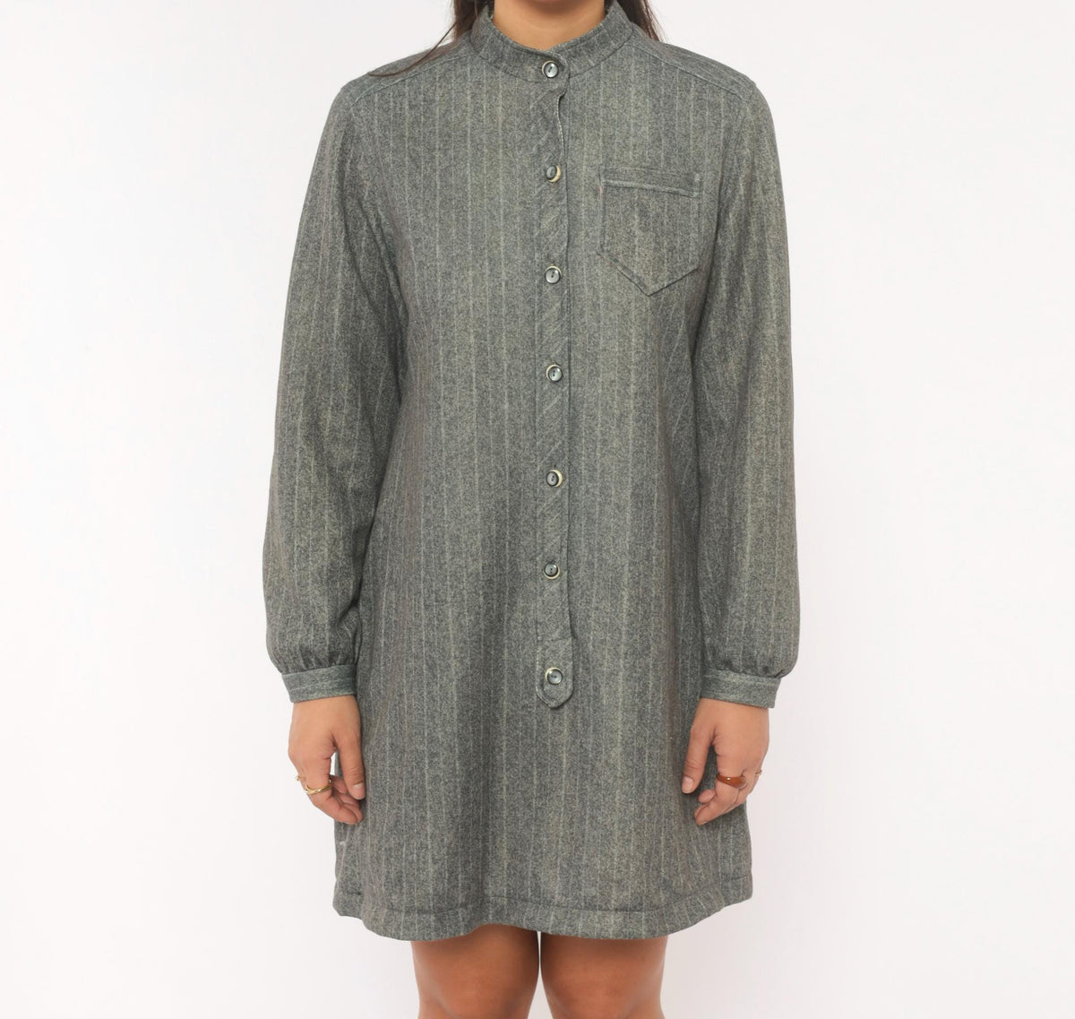 60s Tina's Pinstripe Shirt Dress Grey Mandarin Collar Medium M
