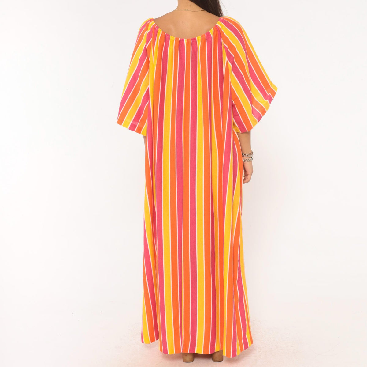 70s Striped Caftan Orange Pink Yellow Cotton Maxi Dress Flutter Sleeve Plus Size 3X