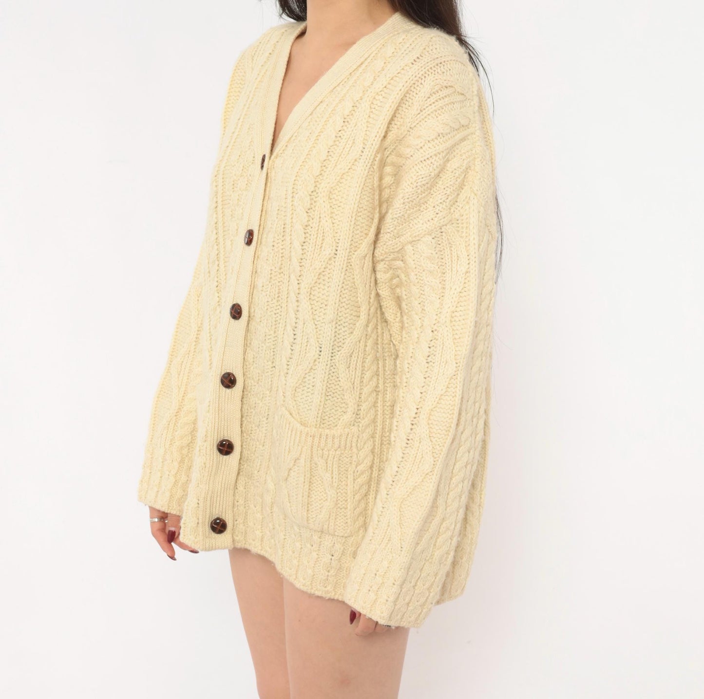 80s Celtic Country Cable Knit Cardigan Cream Wool Button Front Large L