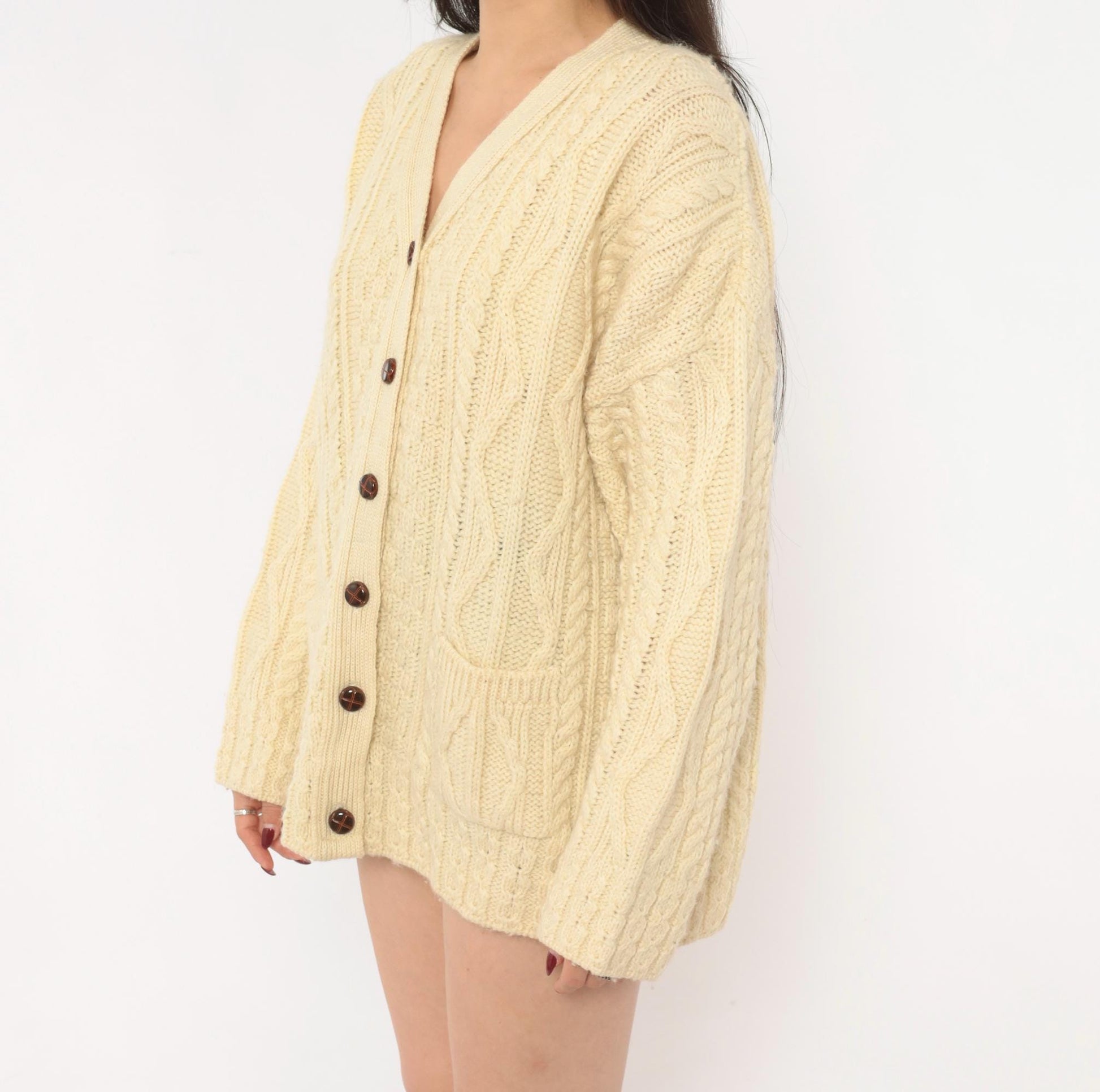 80s Celtic Country Cable Knit Cardigan Cream Wool Button Front Large L