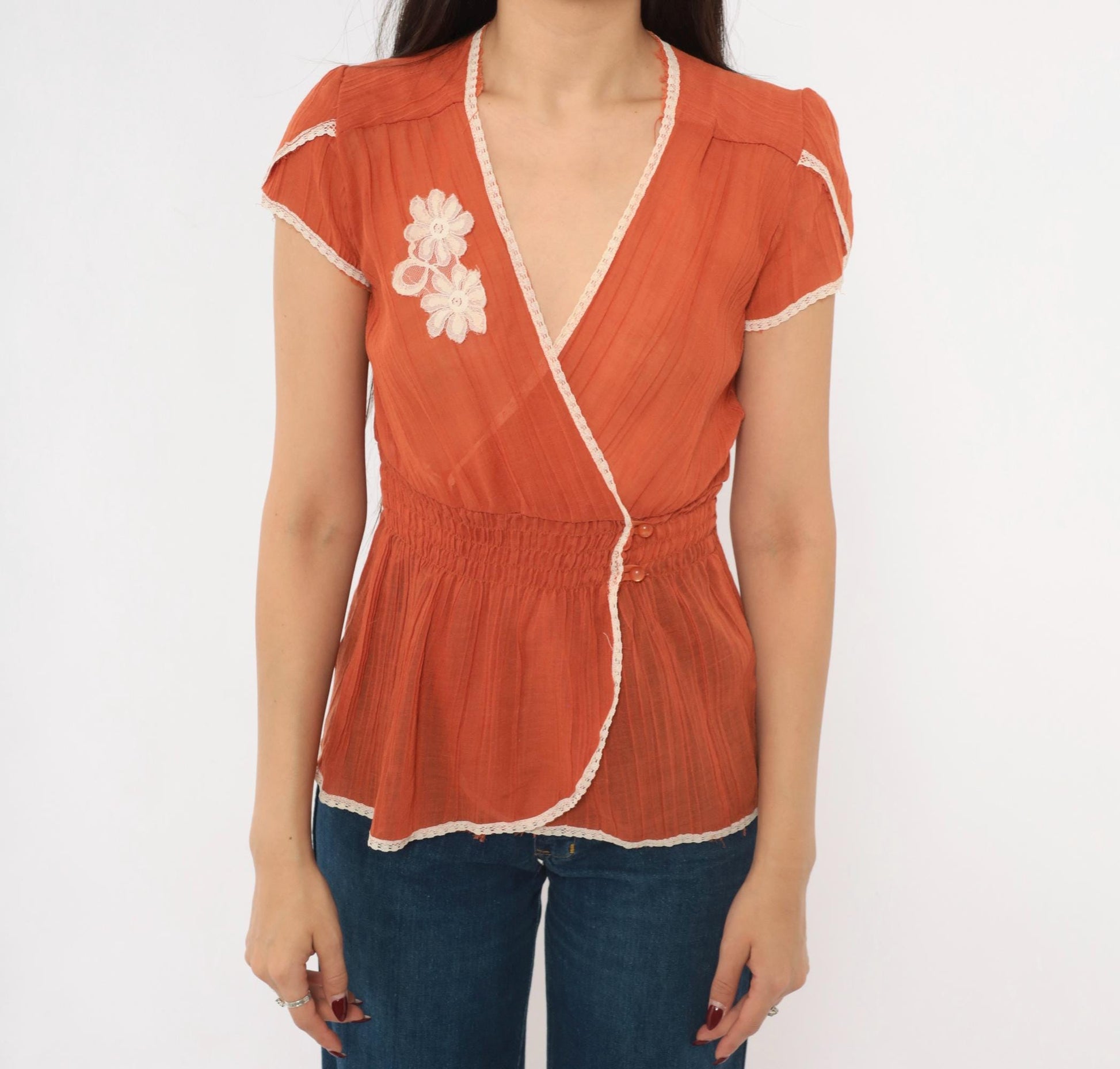 70s Burnt Orange Floral Lace Wrap Blouse Puff Sleeve Cream Trim Small