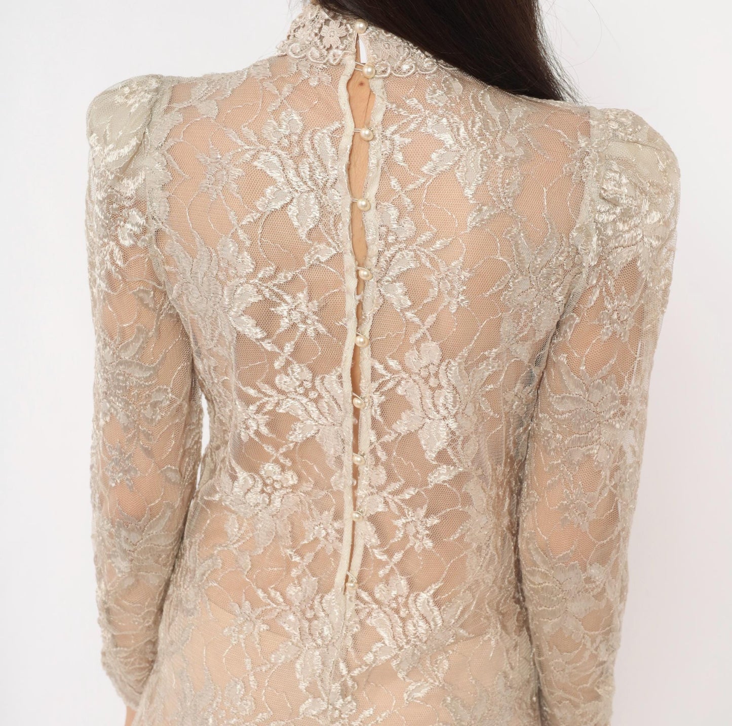 90s Cream Floral Lace Dress Pearl Button Back Puff Sleeve Small