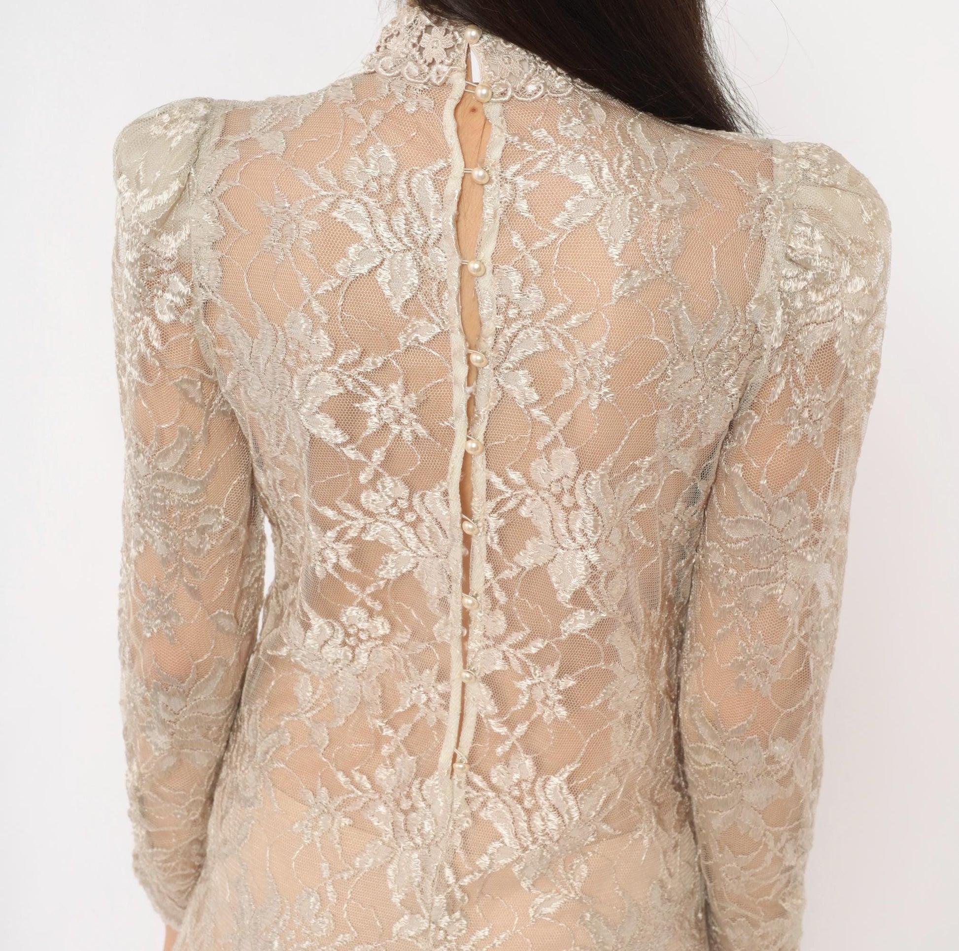90s Cream Floral Lace Dress Pearl Button Back Puff Sleeve Small