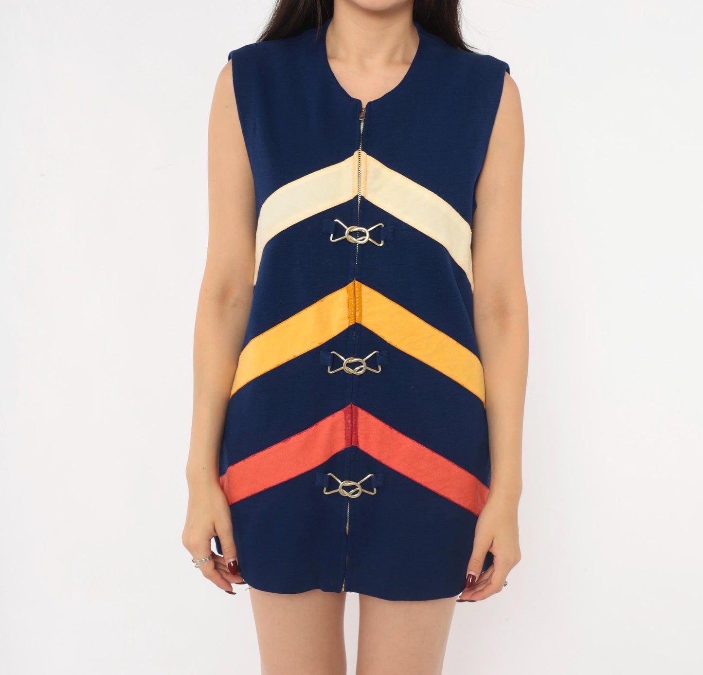 60s Di Costa Wool Chevron Stripe Mini Dress Navy Cream Gold Coral Zip Front Medium