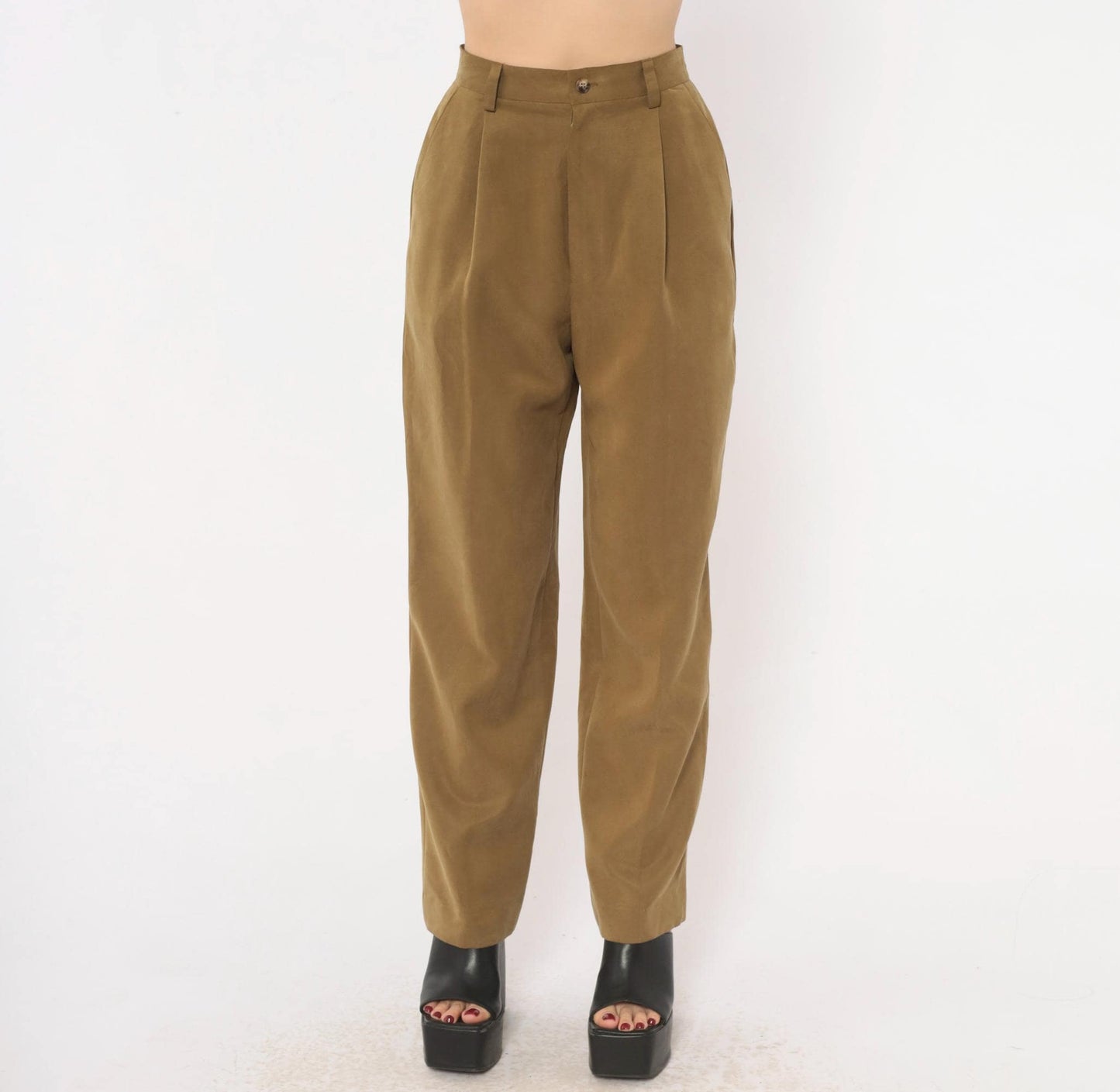 90s Pleated High-Waist Trousers Olive Tapered Leg Front Pleat Extra Small XS