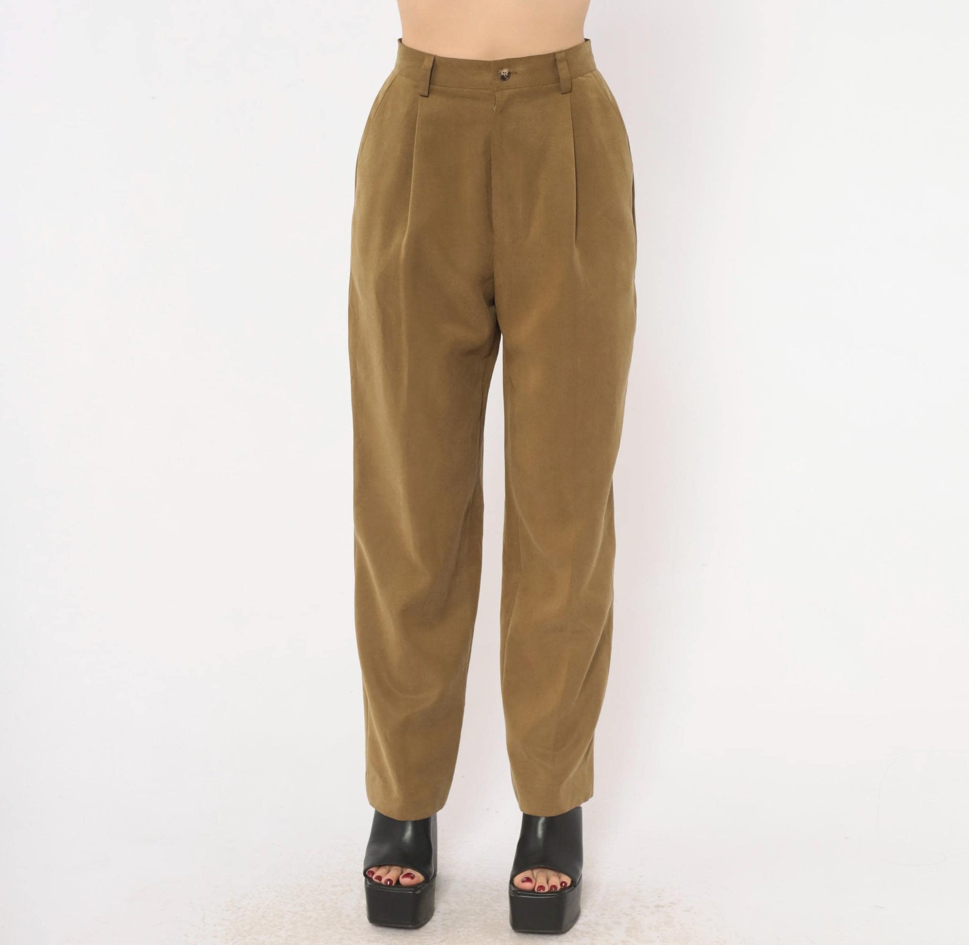 90s Pleated High-Waist Trousers Olive Tapered Leg Front Pleat Extra Small XS