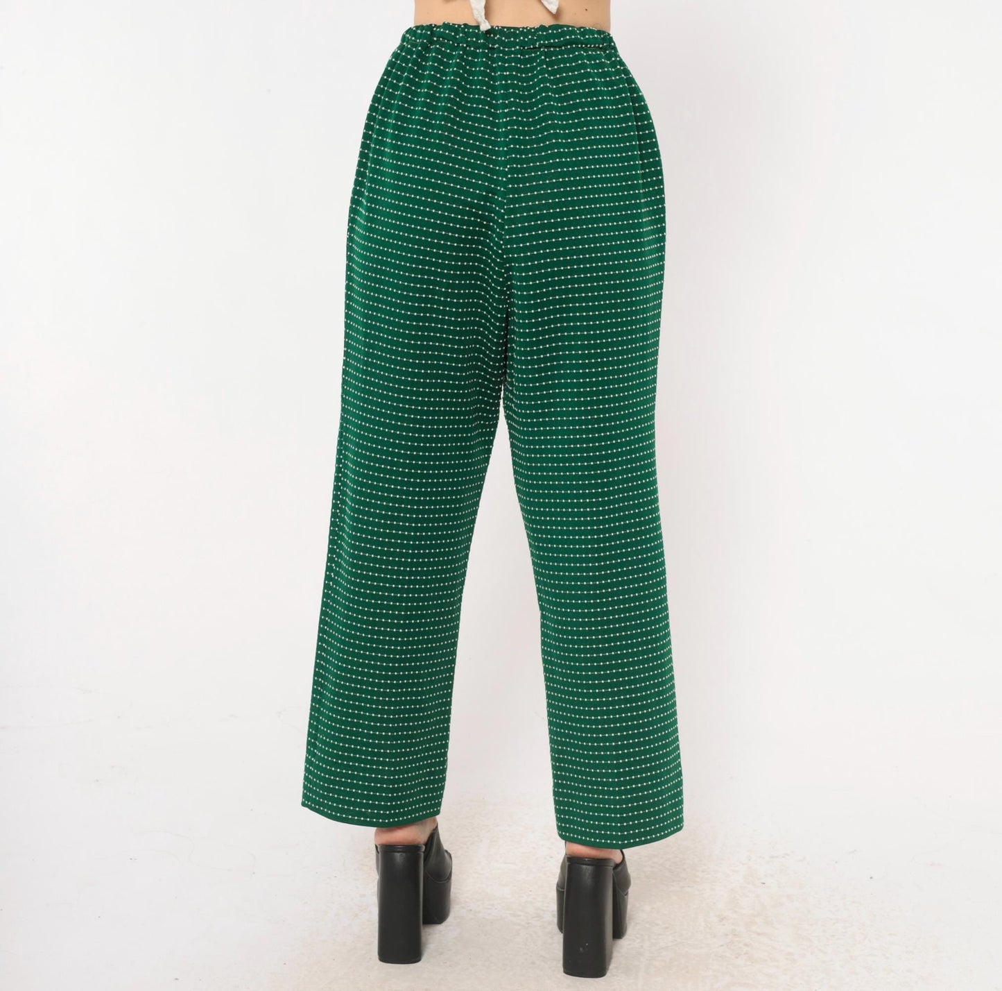 70s Green White Dotted Stripe Pull-On Trousers High Rise Wide Leg Small Medium
