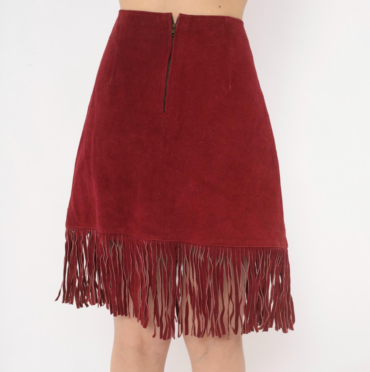80s Passport Burgundy Suede Fringe A-Line Skirt High Waist Knee Length Large