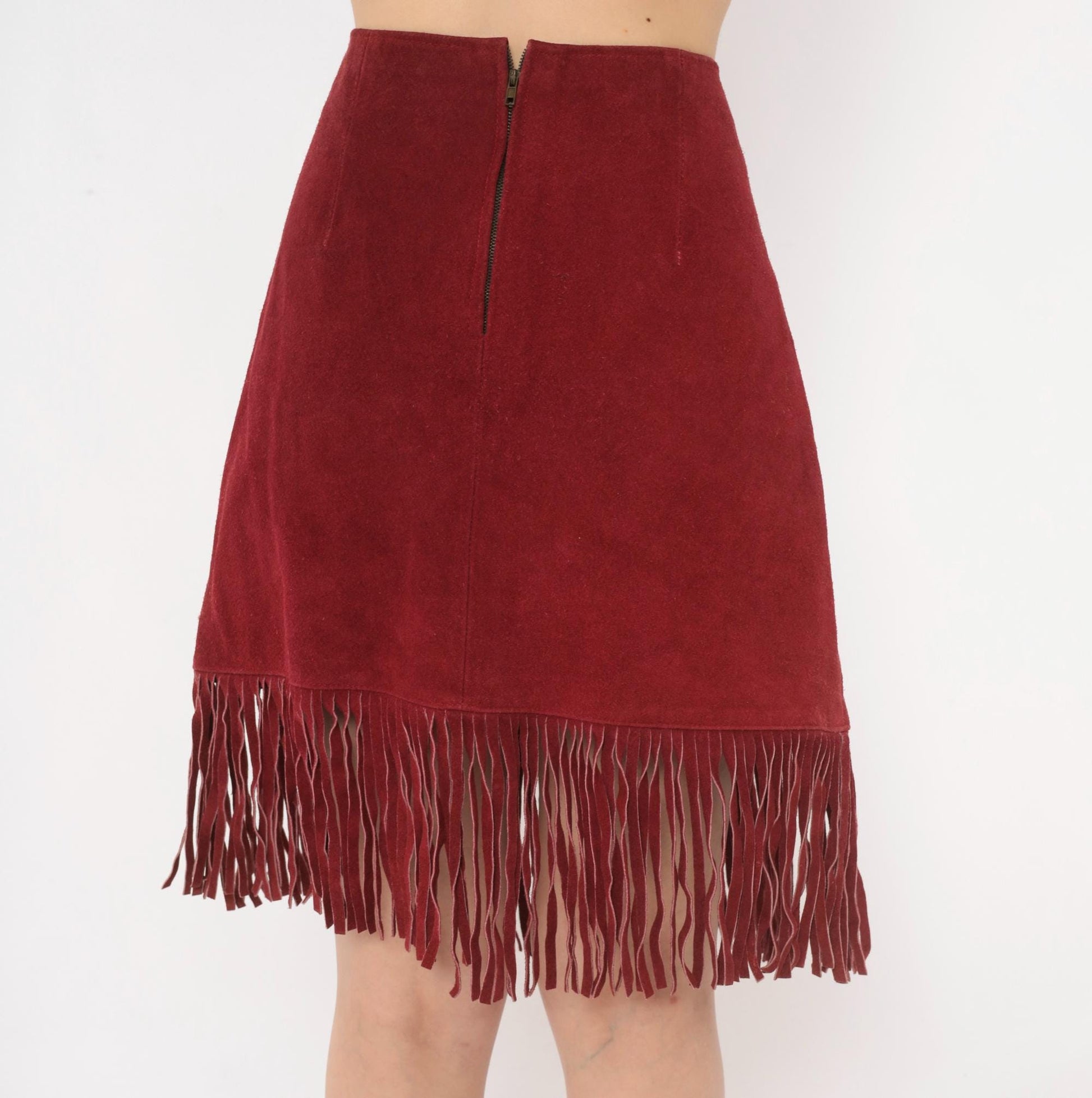 80s Passport Burgundy Suede Fringe A-Line Skirt High Waist Knee Length Large