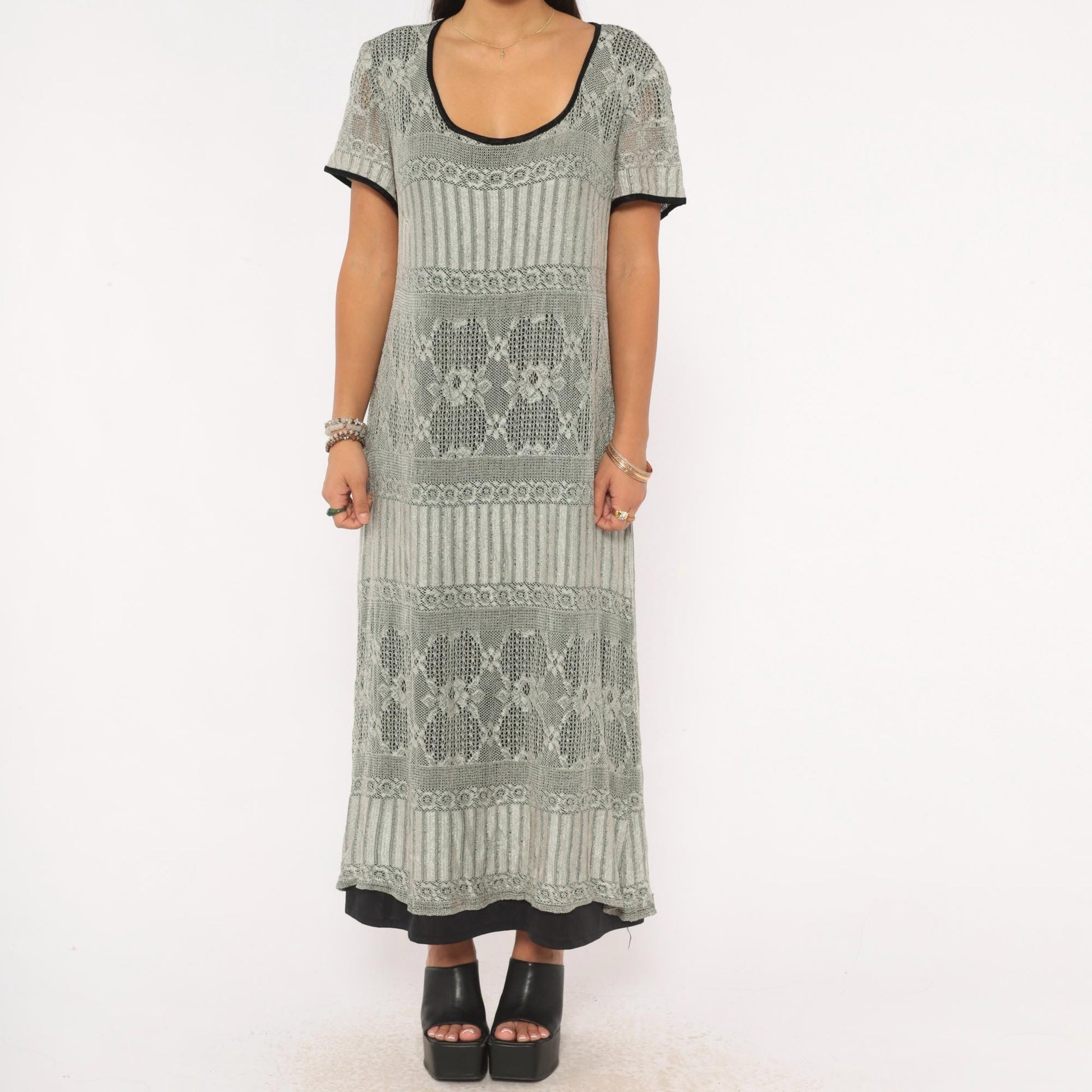 90s Grey Diamond Lace Knit Maxi Dress A-Line Short Sleeve Large L