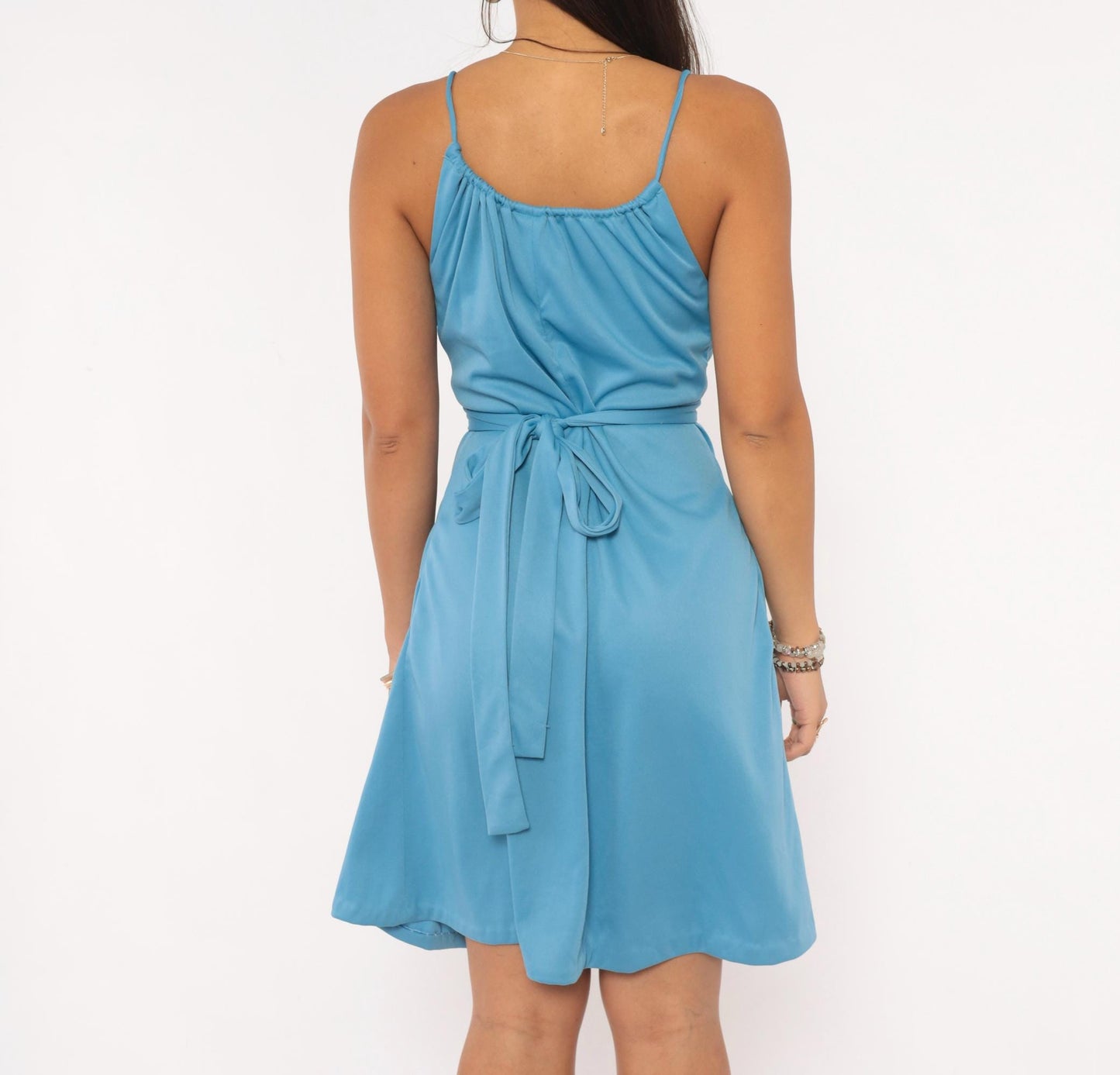 70s Sky Blue Sundress Tie Front Keyhole Neckline A-Line Belted Medium M
