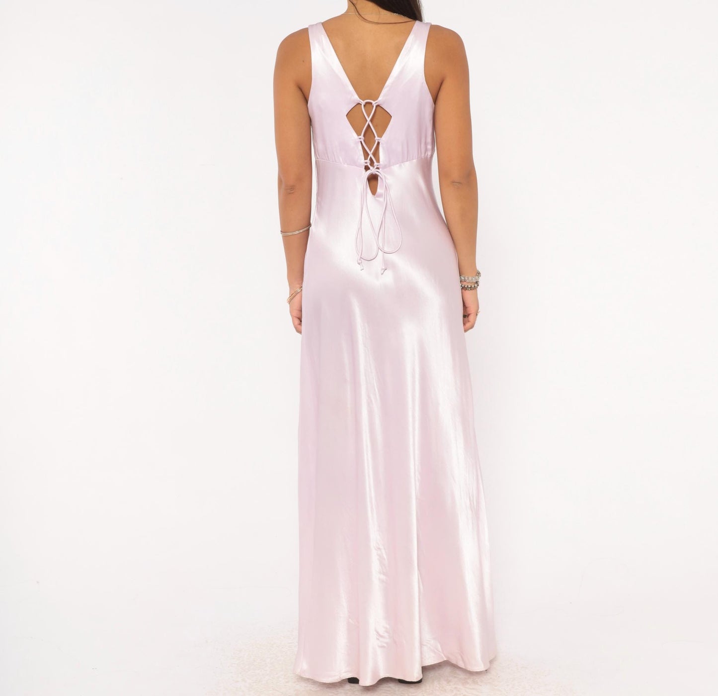 90s Niki Originals Lilac Satin Maxi Gown Sweetheart Neckline Lace-Up Back Medium M