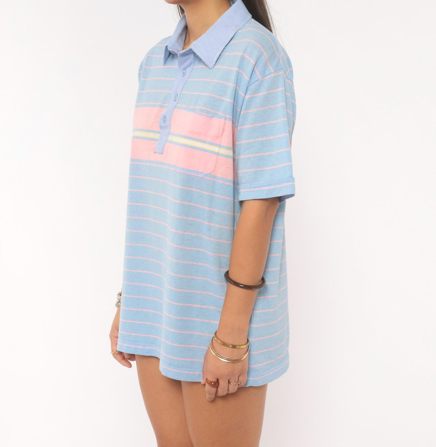 80s Par Four Striped Polo Shirt Blue Pink Chest Pocket Medium