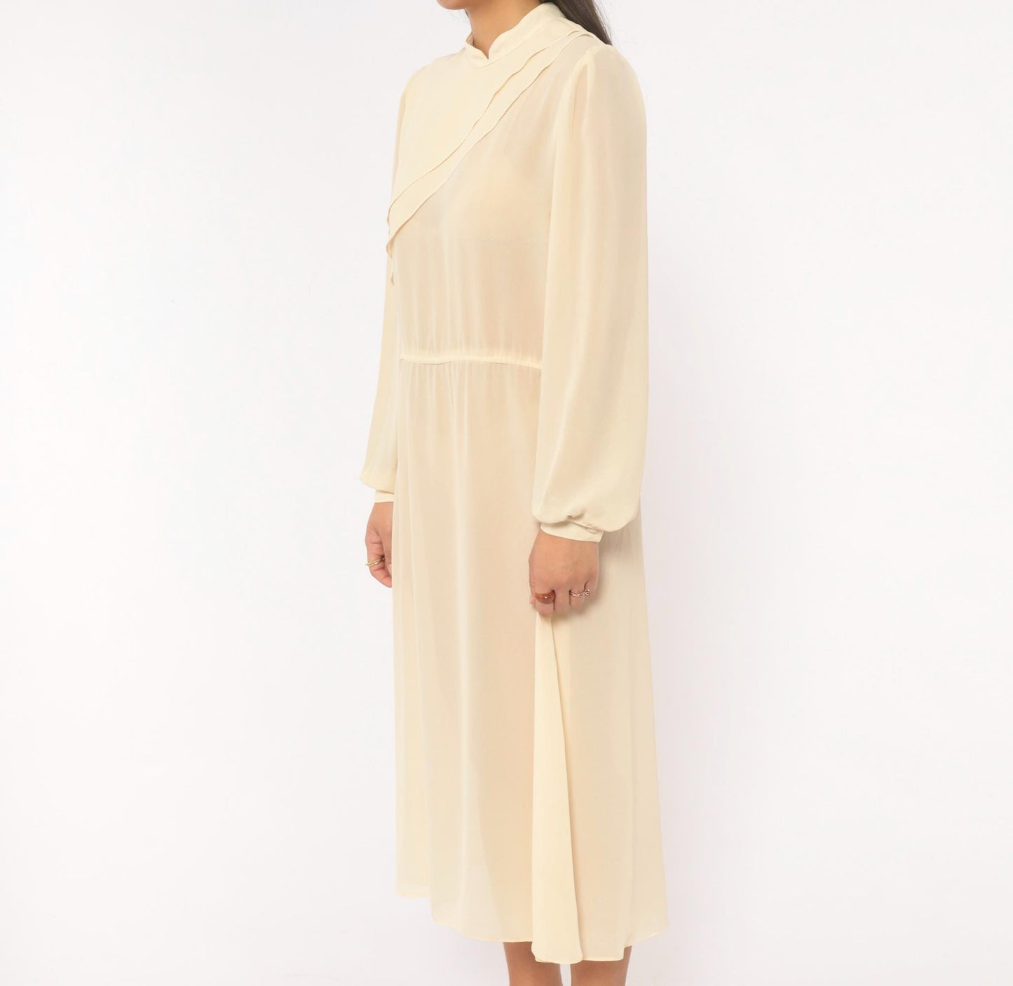 70s Jimmy Los Angeles Cream Chiffon Midi Dress Mandarin Collar Medium M